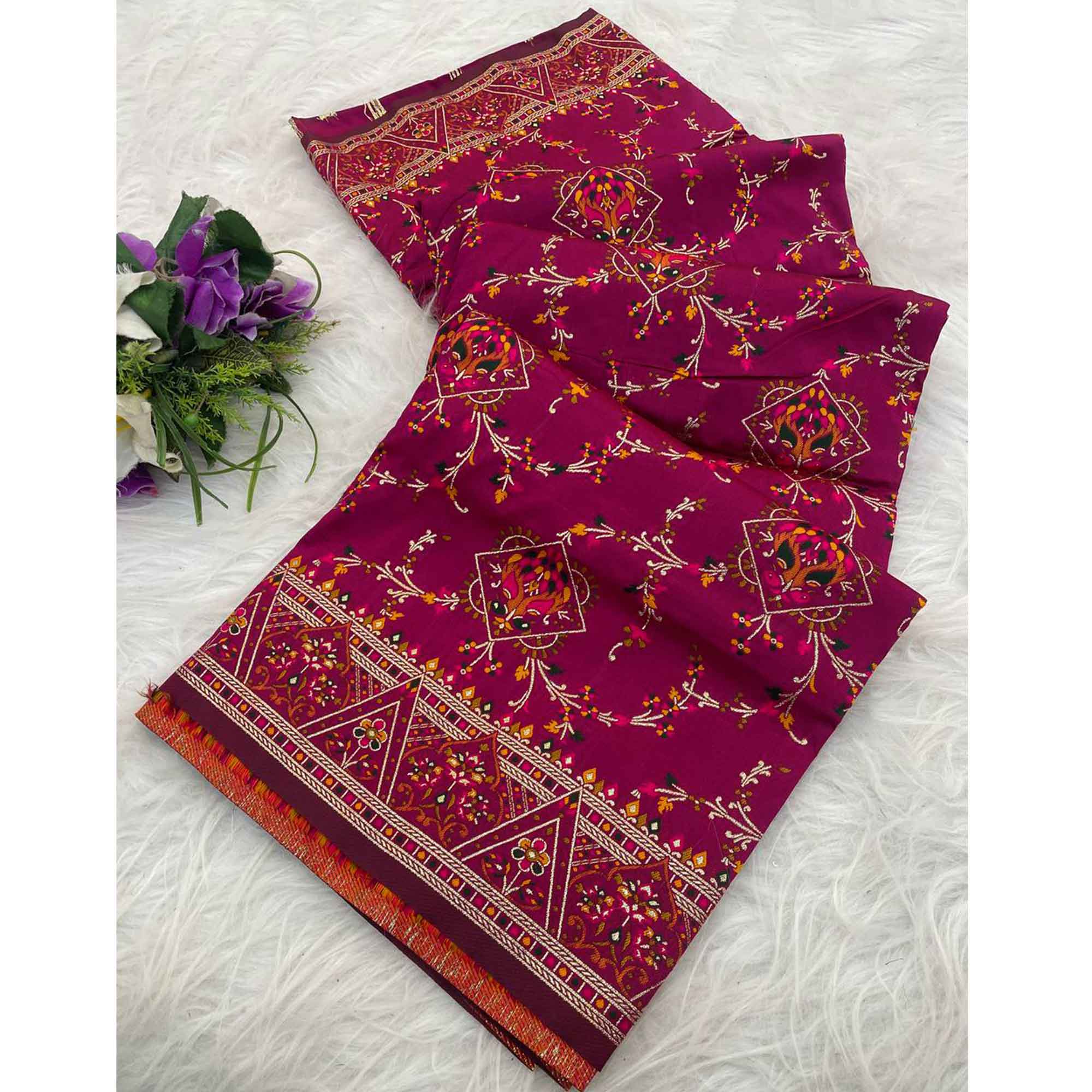 Pink Traditional Rajwadi Weaving Pashmina Silk Saree With Kashmiri Pallu & Elegant Zari Border