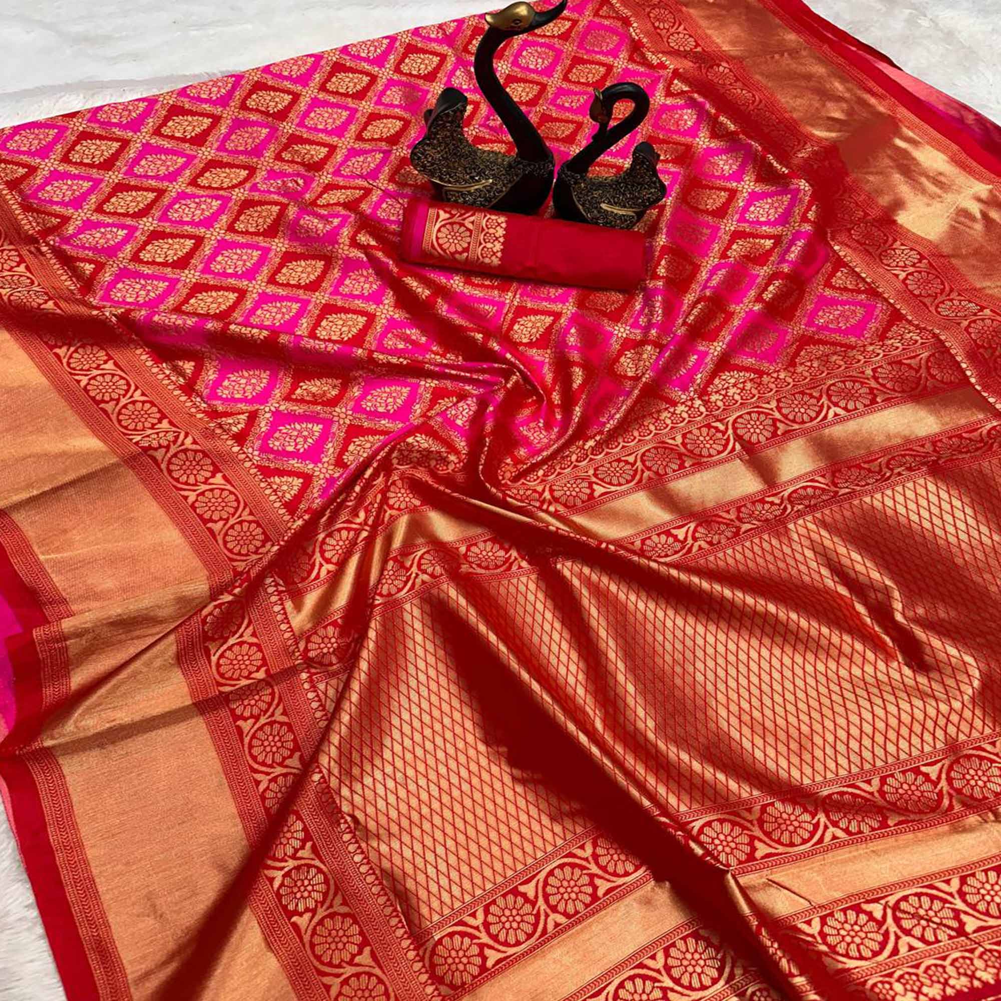 Rani Pink Floral Woven Lichi Banarasi Silk Saree