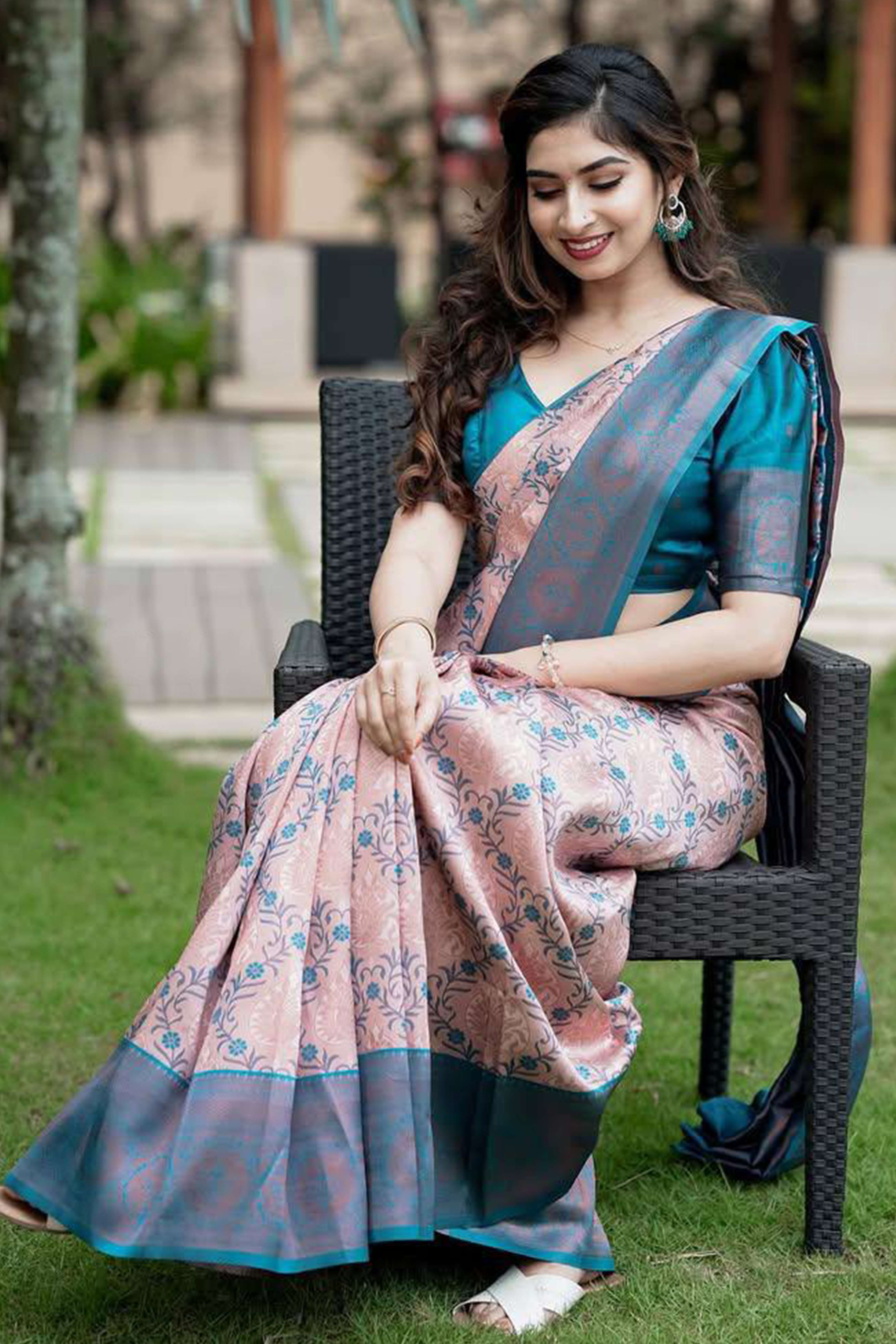 Peach & Blue Floral Woven Lichi Banarasi Silk Saree