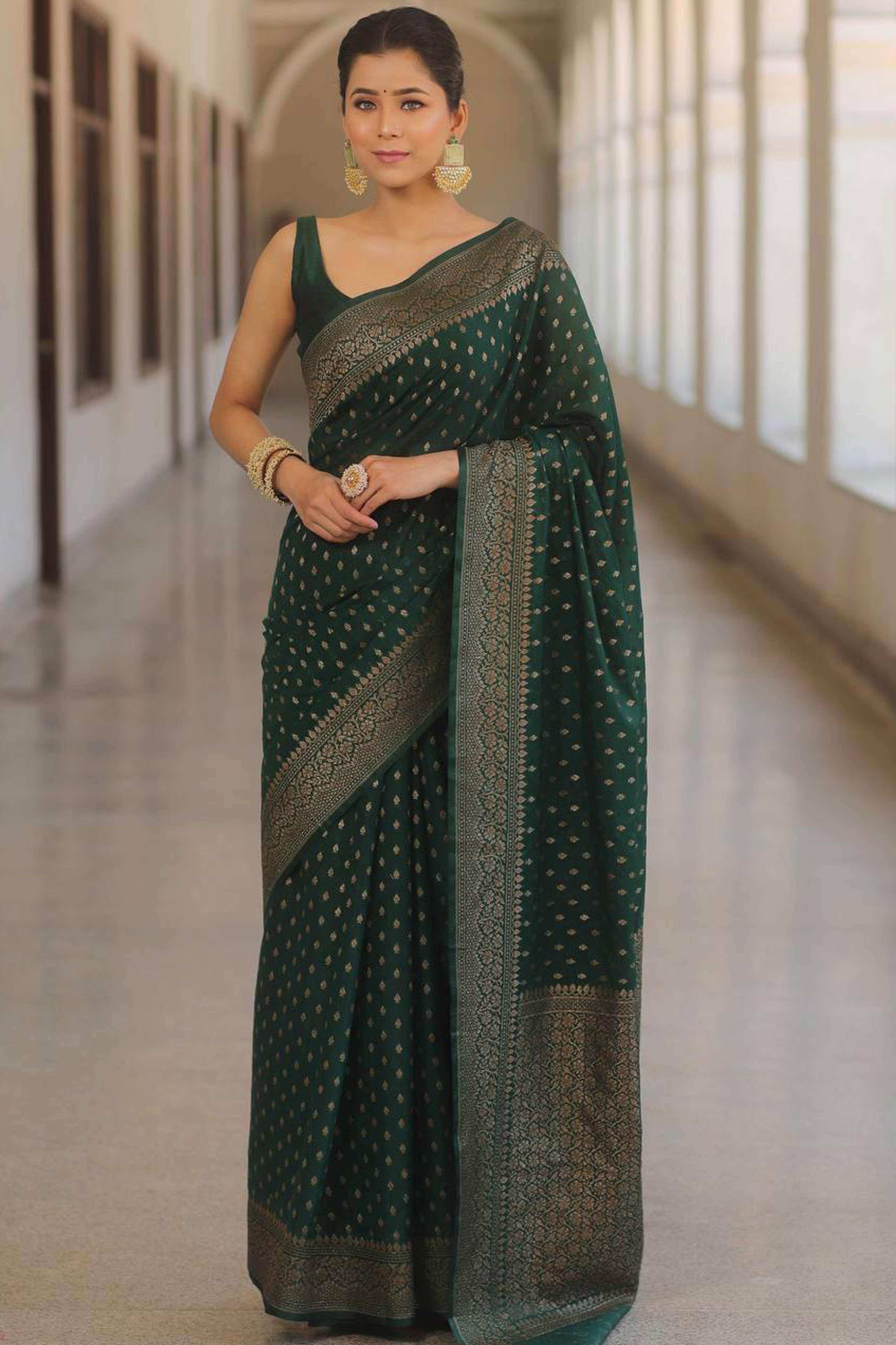 Green Floral Woven Lichi Banarasi Silk Saree