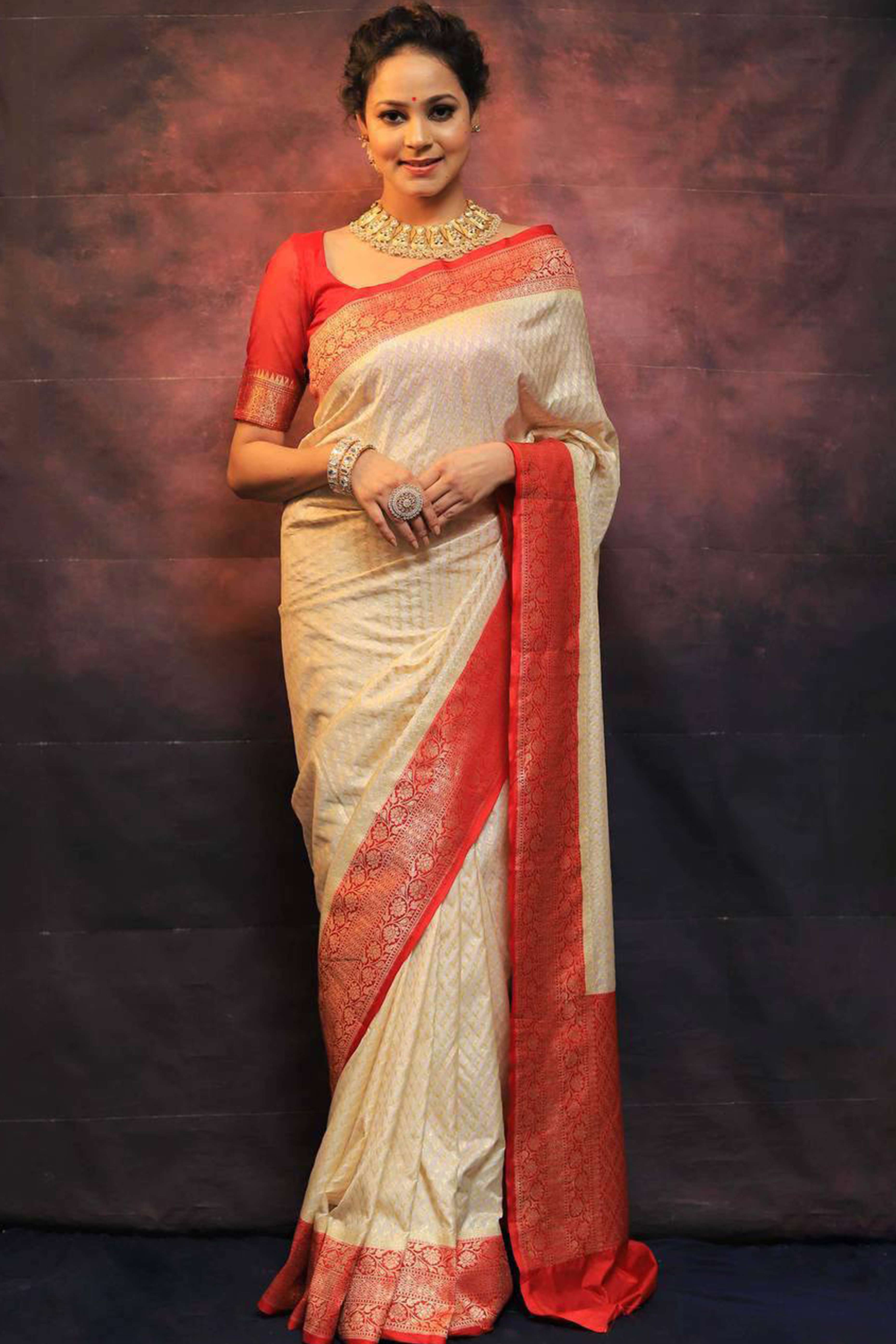 Cream & Red Woven Lichi Banarasi Silk Saree