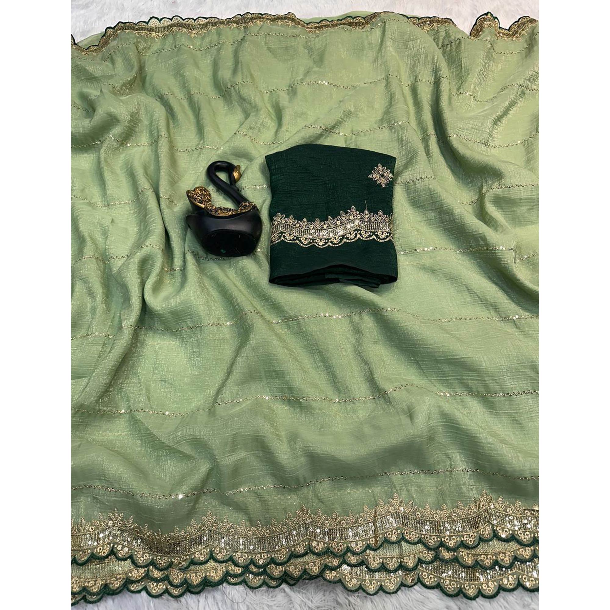 Green Sequins Embroidered Tussar silk Saree