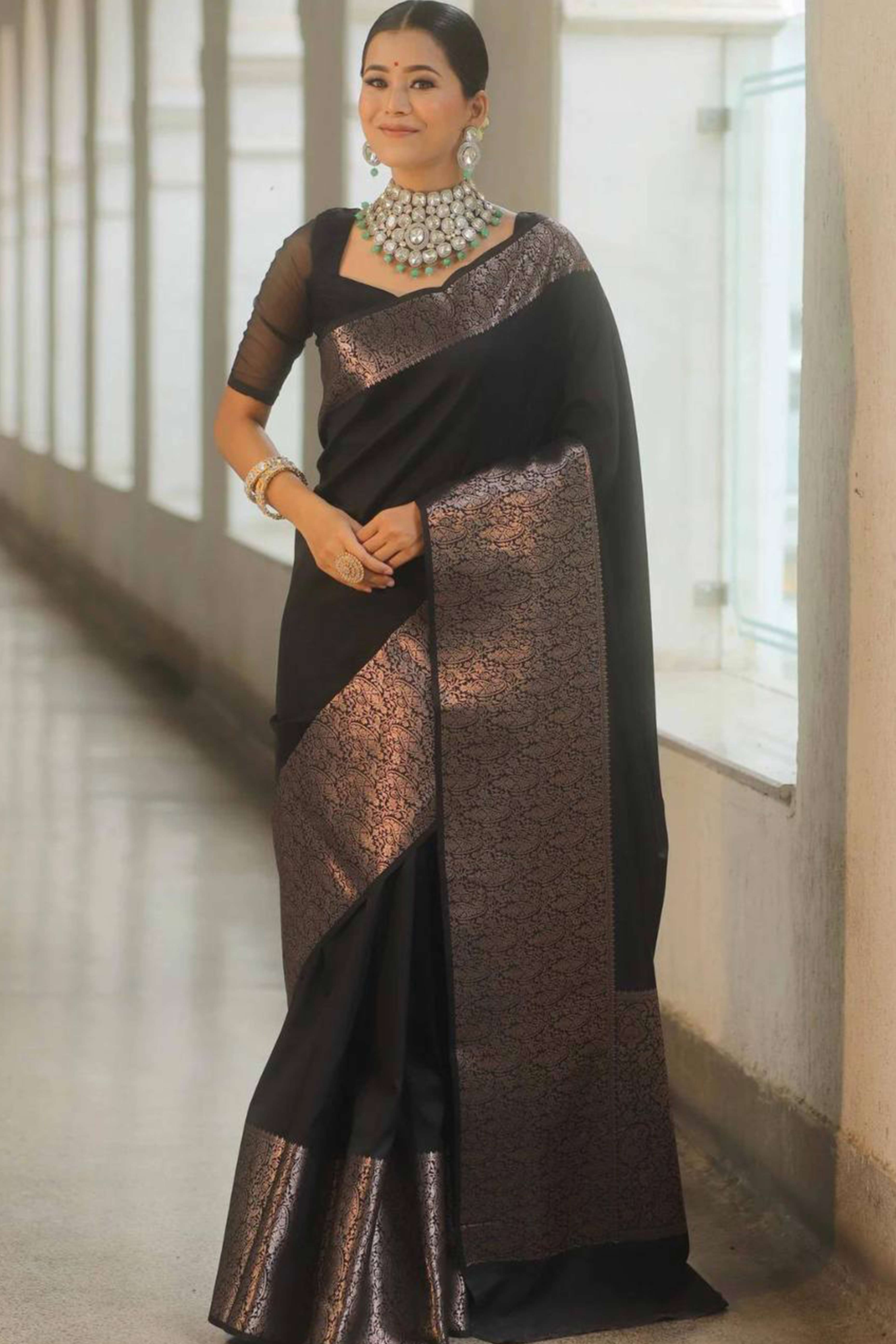 Black Floral Woven Border Lichi Banarasi Silk Saree