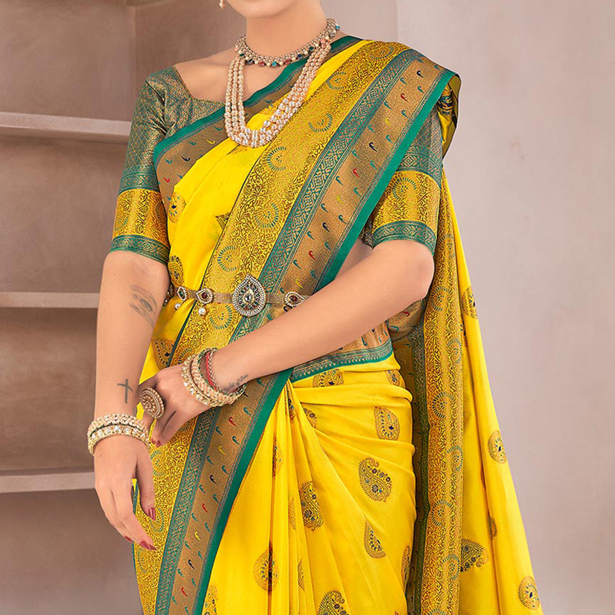 Yellow Woven Pure Silk Saree With Tassels