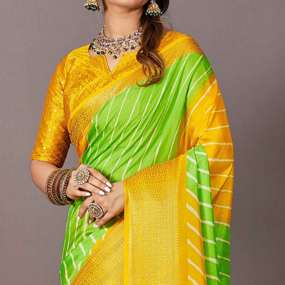 Green & Yellow Printed Dola Silk Saree With Zari Border