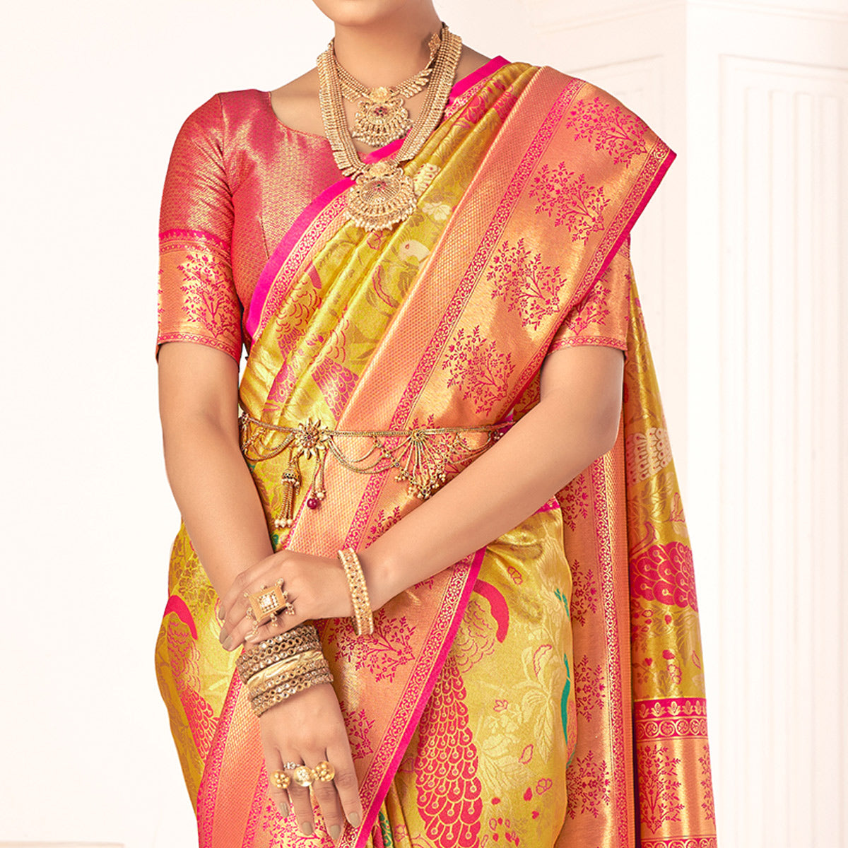 Yellow Woven Pure Silk Saree With Tassels