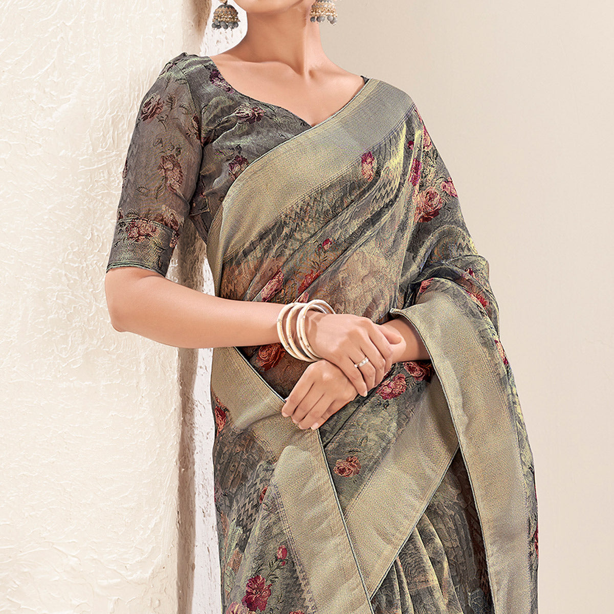 Grey Floral Digital Printed Tissue Saree With Tassels