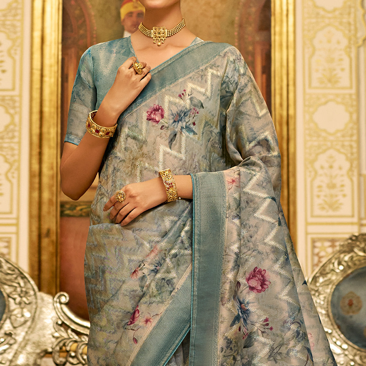 Blue Floral Digital Printed Tissue Saree With Tassels