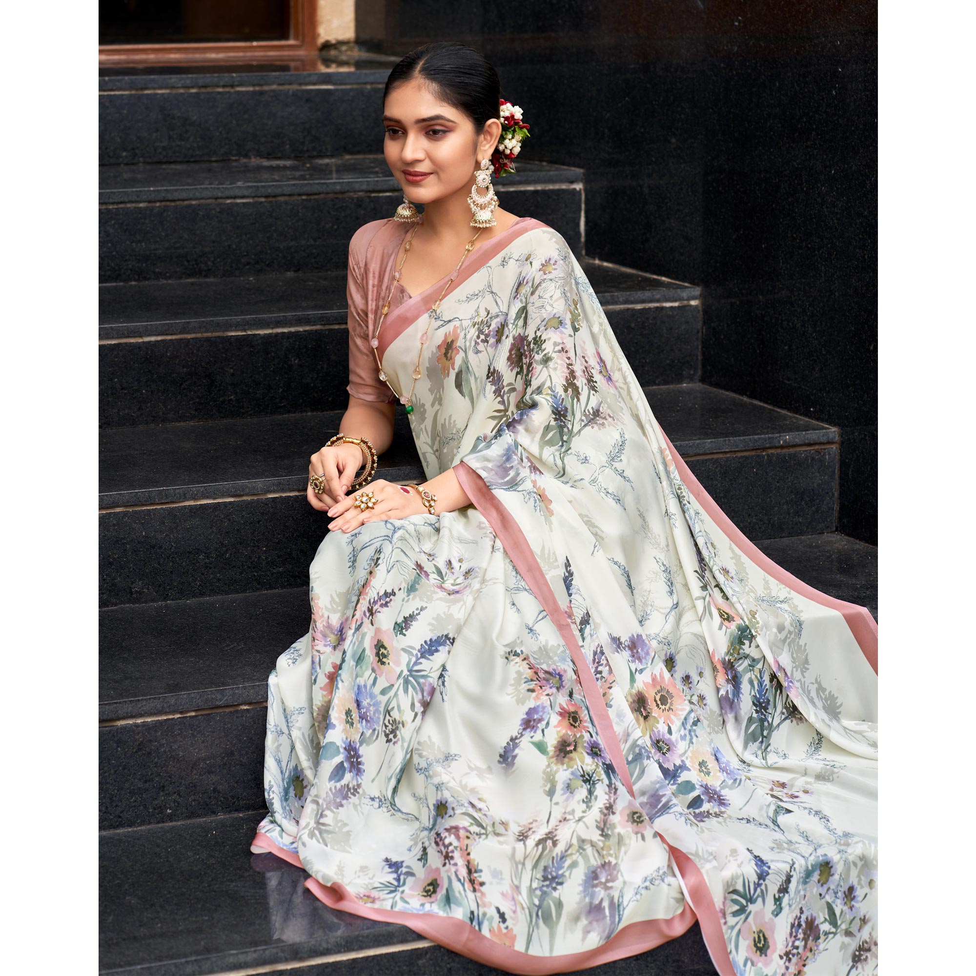 White Floral Digital Printed Satin Saree