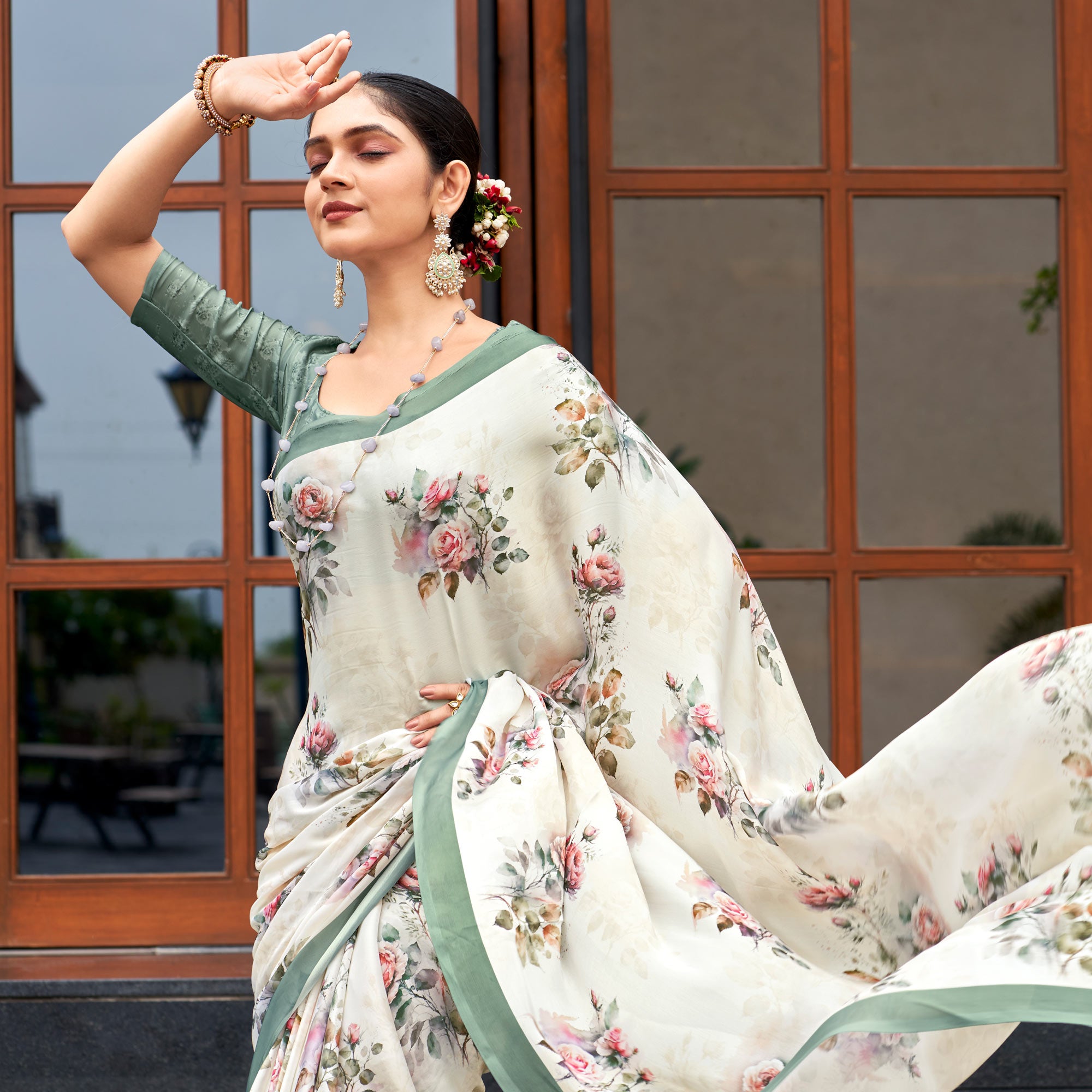 White Floral Digital Printed Satin Saree