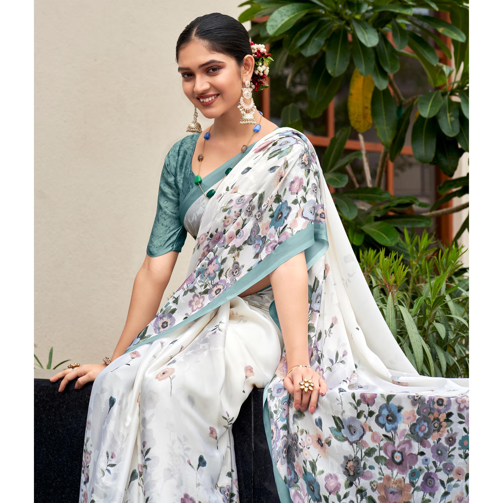 White Floral Digital Printed Satin Saree