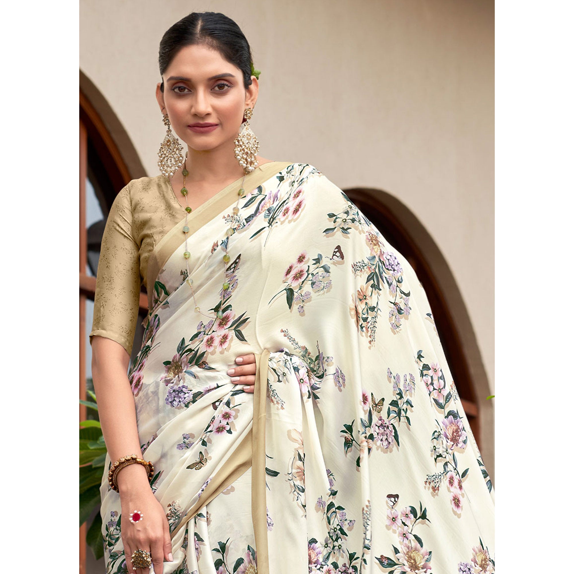 White Floral Digital Printed Satin Saree