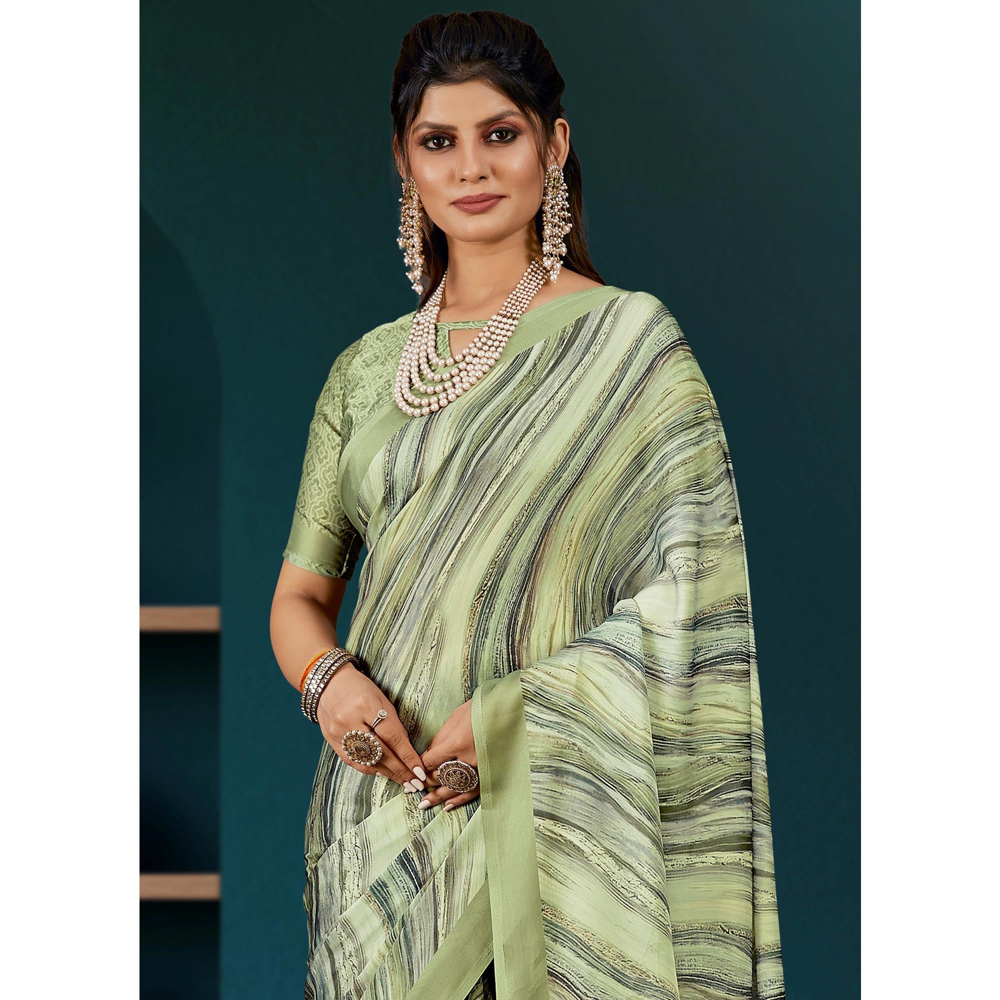 Green Digital Printed Satin Saree