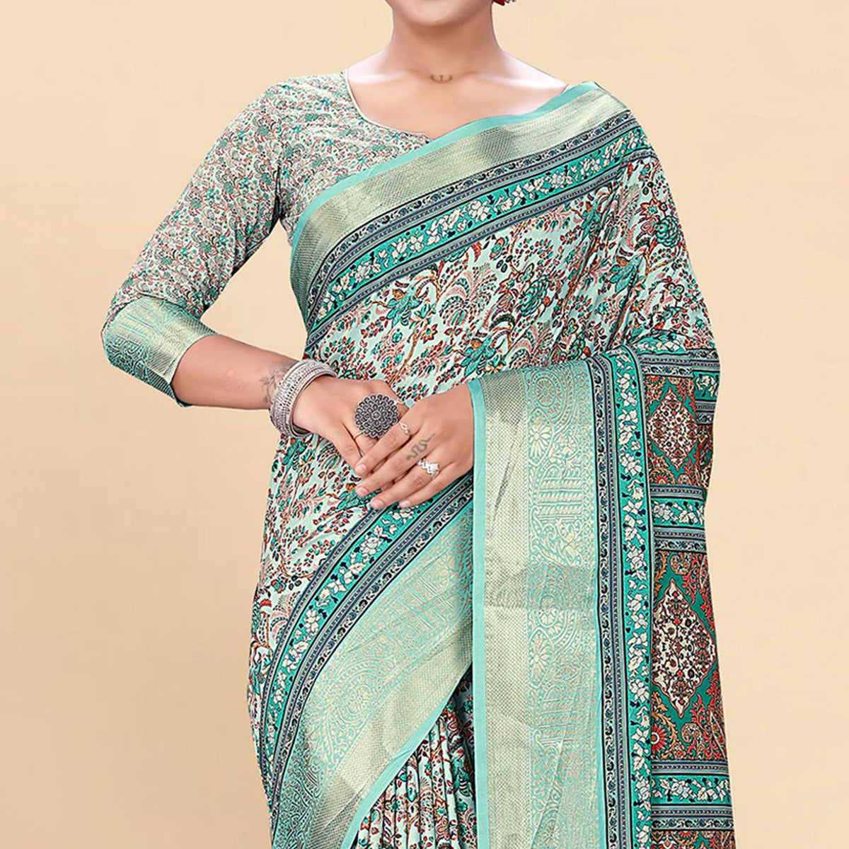 Blue Floral Digital Printed Pure Cotton Saree