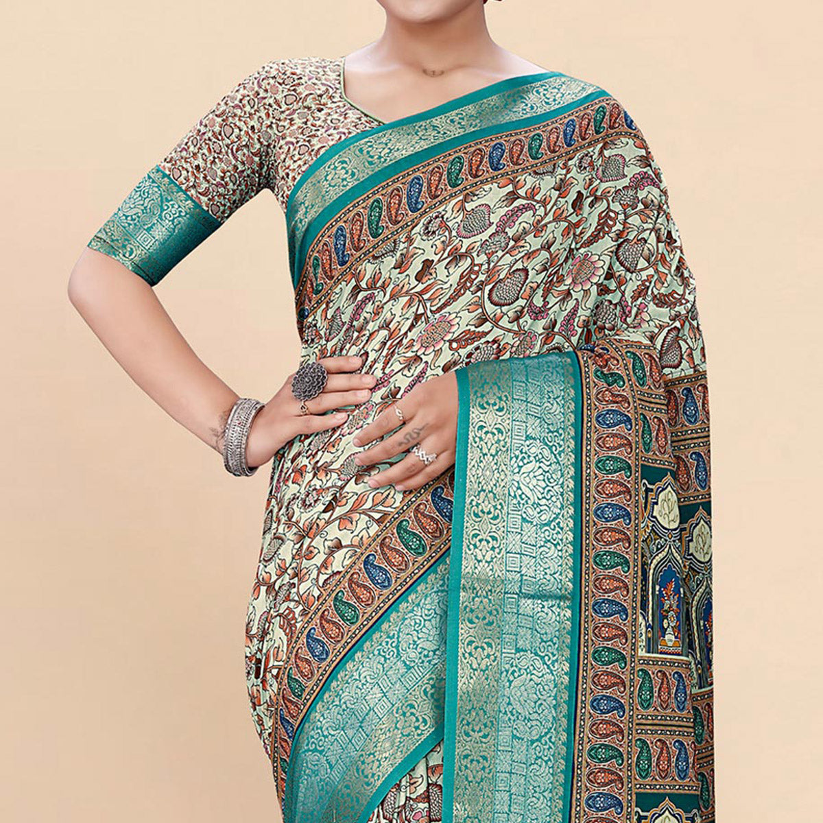 Blue Floral Digital Printed Pure Cotton Saree