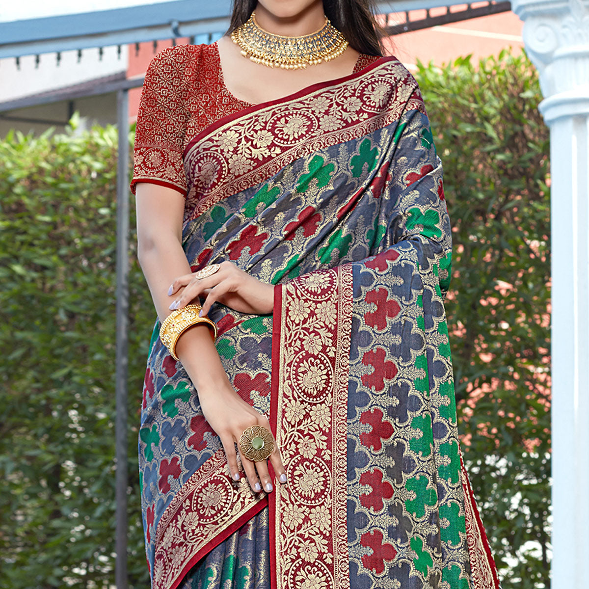 Blue Floral Woven Art Silk Saree