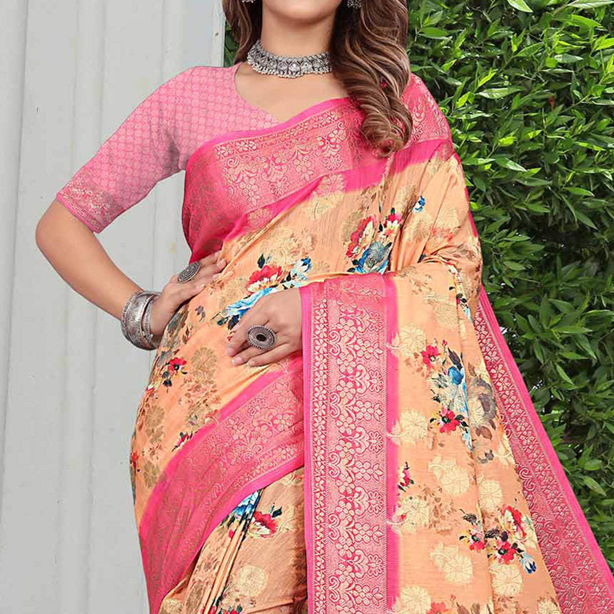 Orange & Pink Floral Printed Pure Cotton Saree