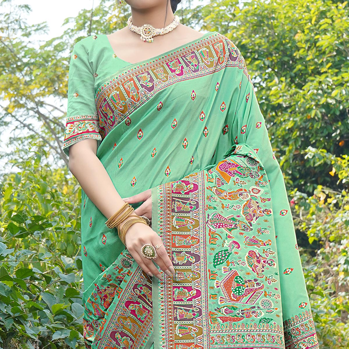 Sea Green Woven Pure Silk Saree