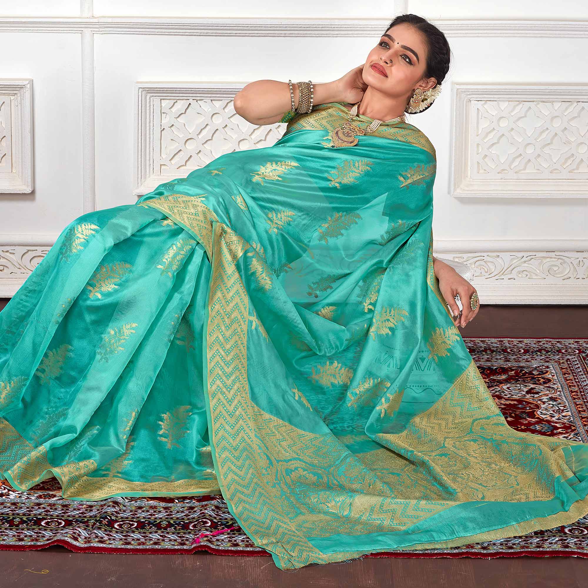 Turquoise Floral Woven Organza Saree