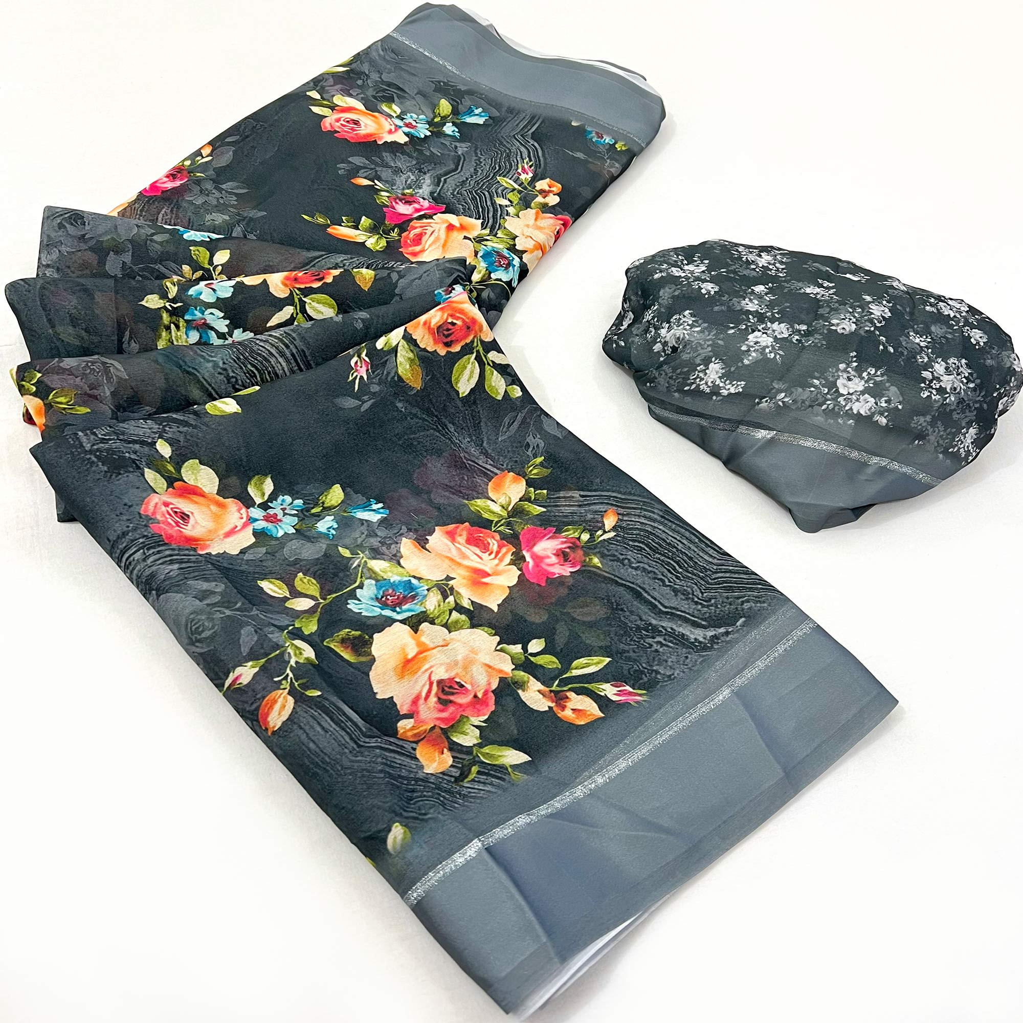Grey Digital Printed Georgette Saree