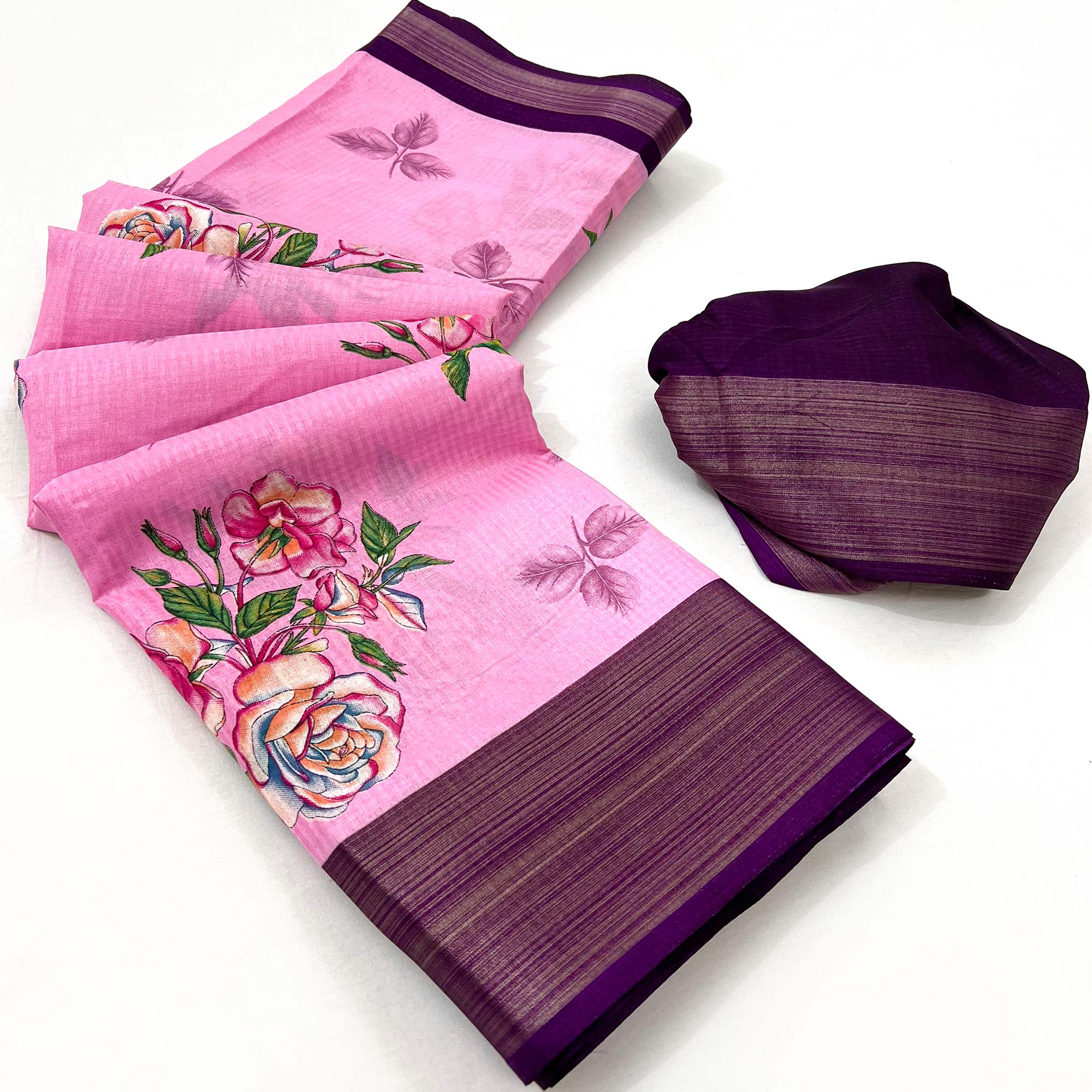 Pink Floral Digital Printed Cotton Blend Saree