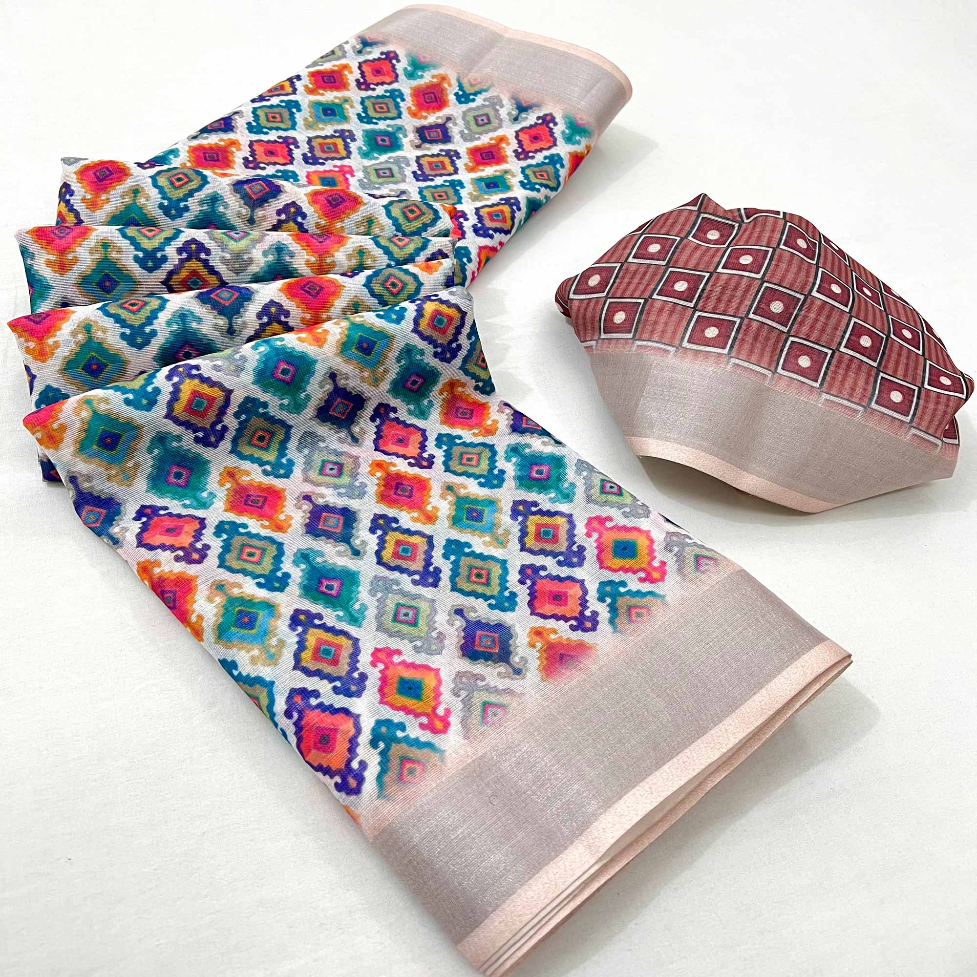 White Digital Printed Linen Saree