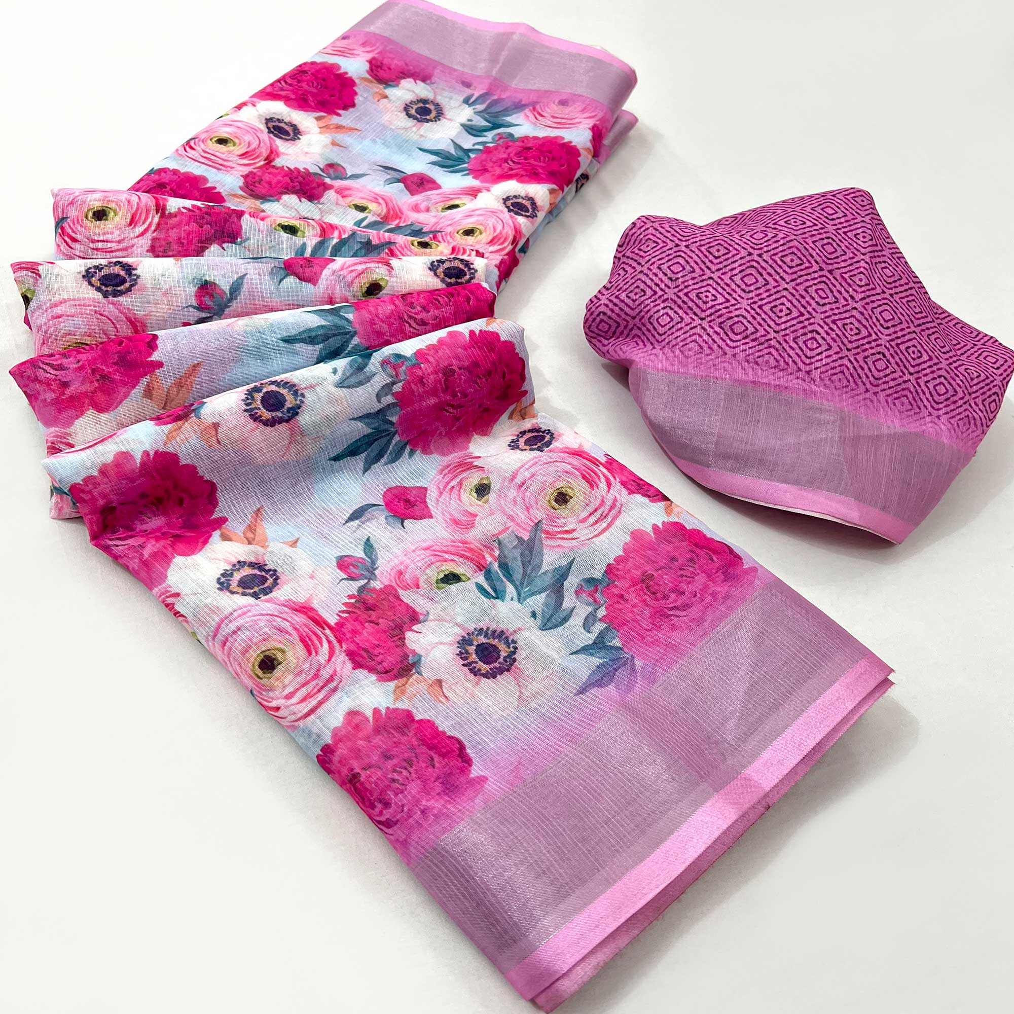 Pink Floral Digital Printed Linen Saree