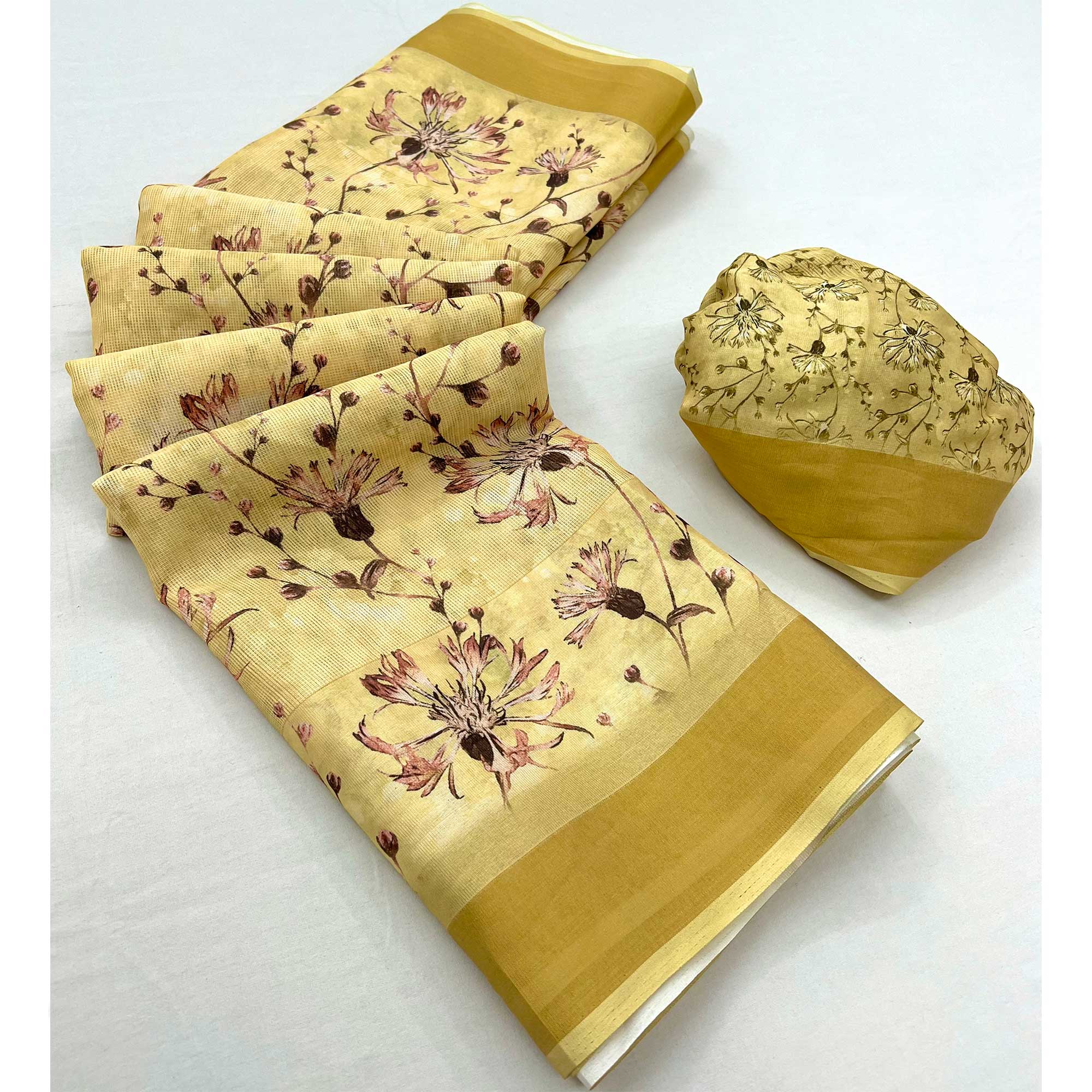 Yellow Floral Digital Printed Cotton Blend Saree