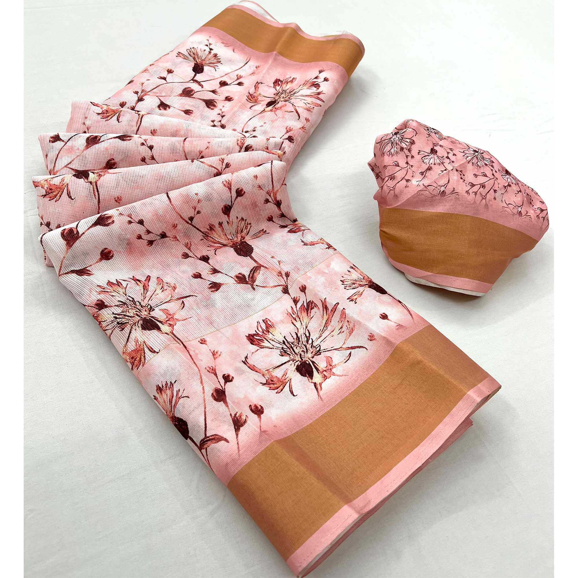 Pink Floral Digital Printed Cotton Blend Saree