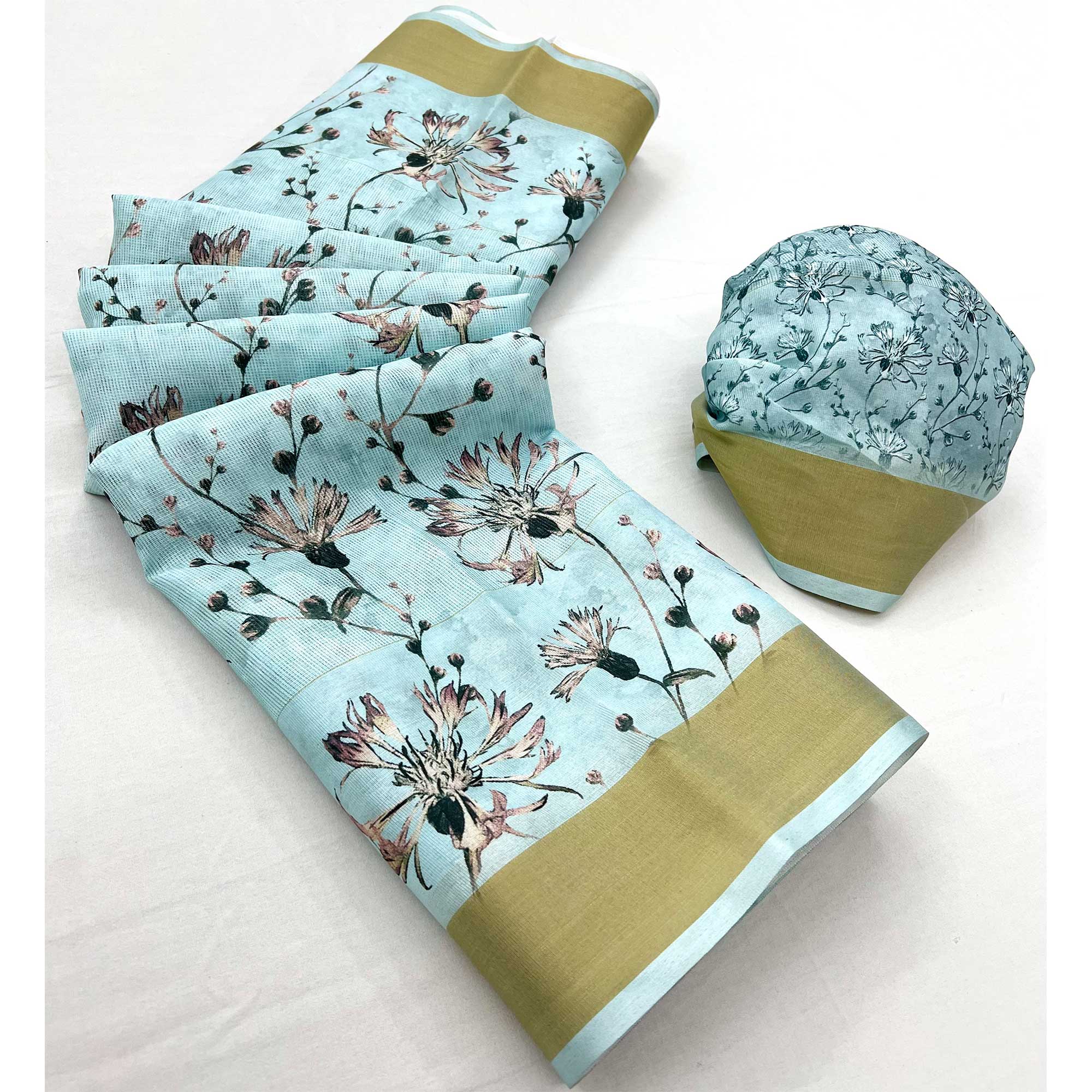 Blue Floral Digital Printed Cotton Blend Saree