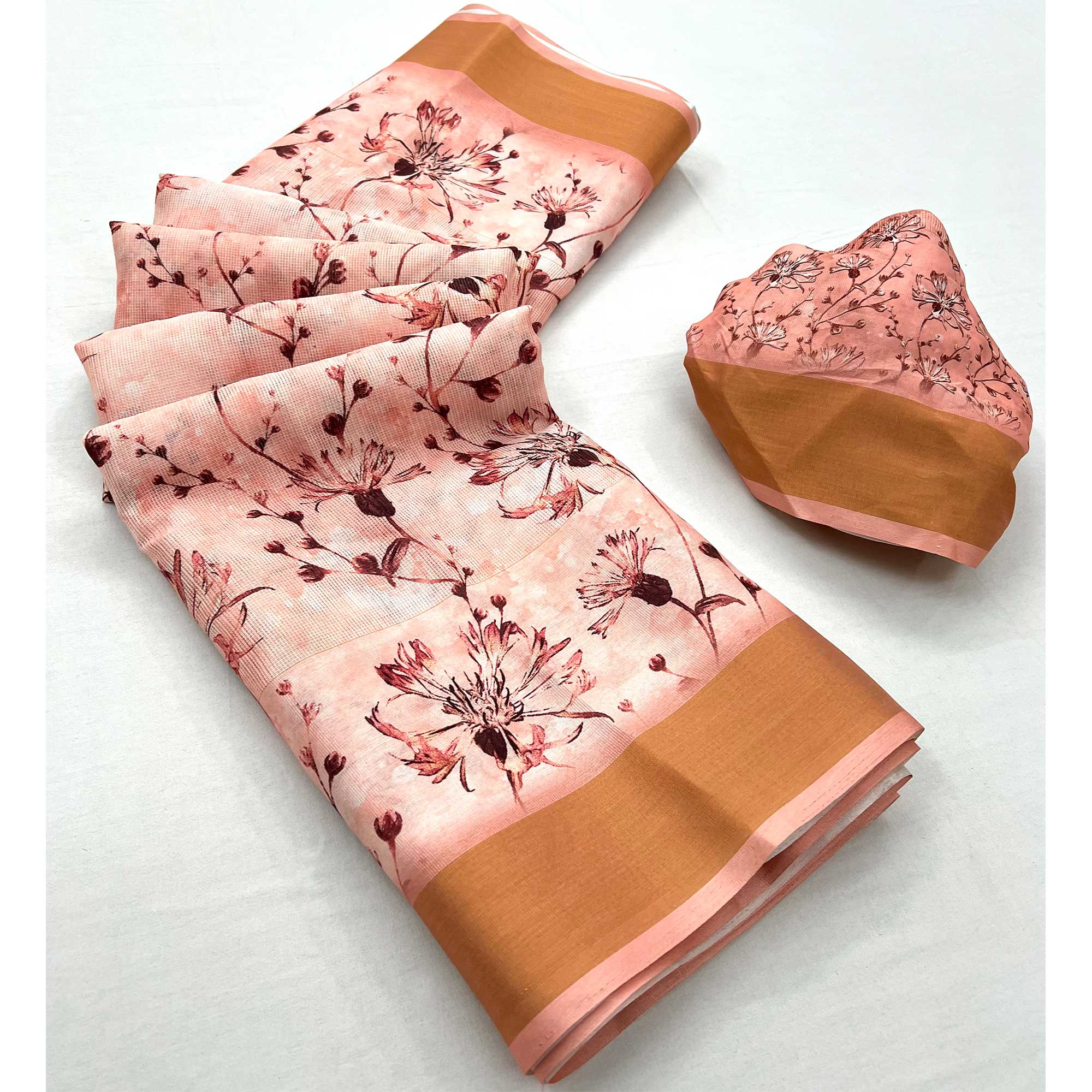 Peach Floral Digital Printed Cotton Blend Saree