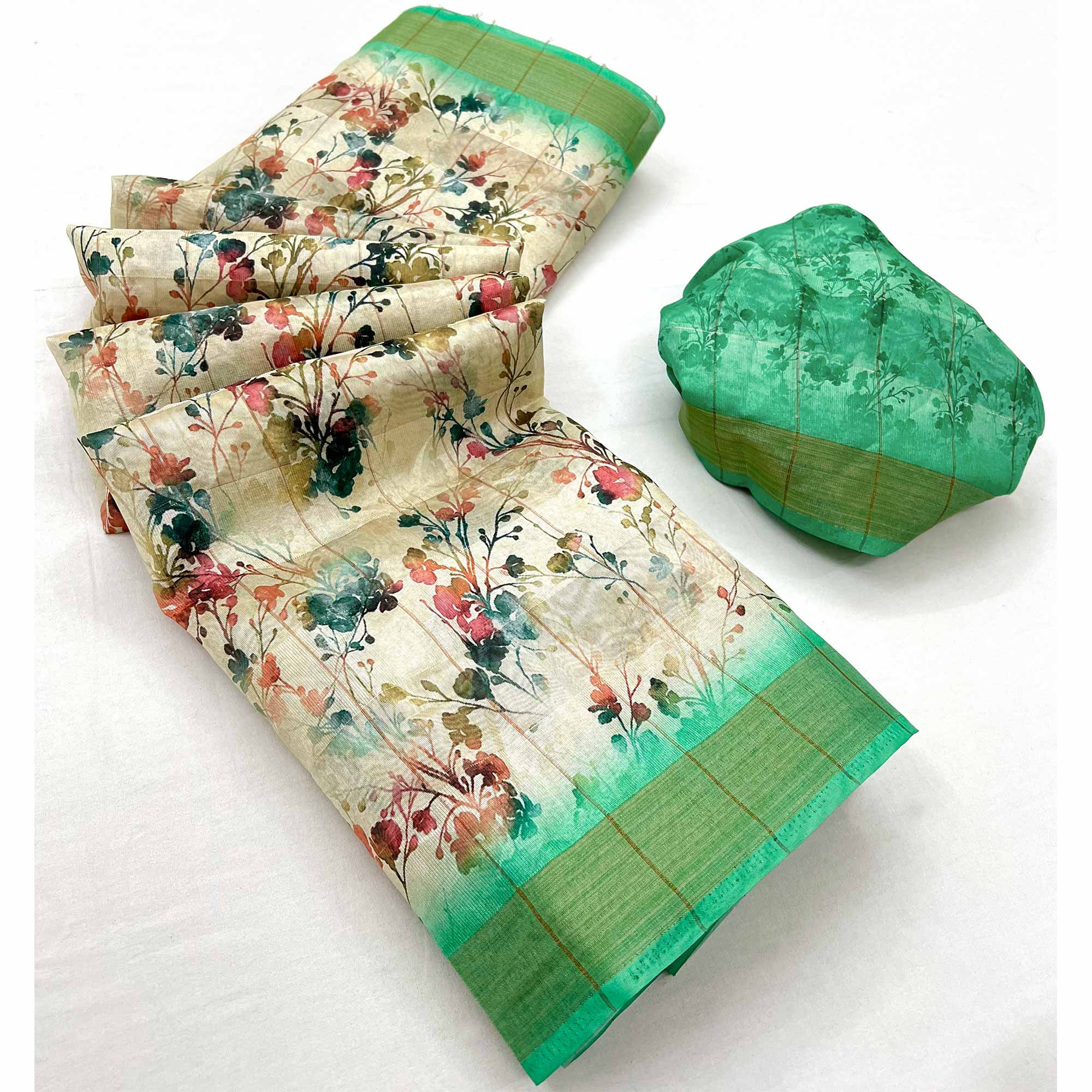 Cream & Rama Green Floral Digital Printed Cotton Blend Saree