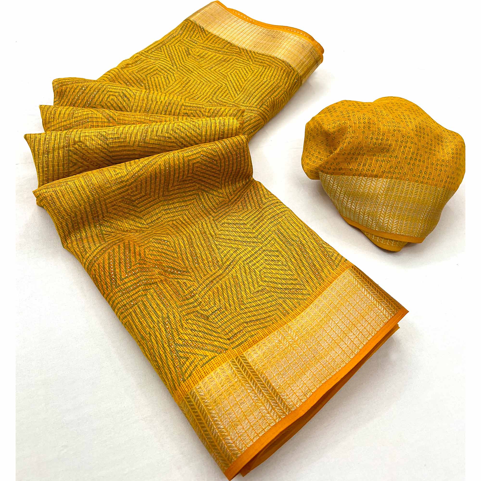 Mustard Foil Printed Kota Doria Saree