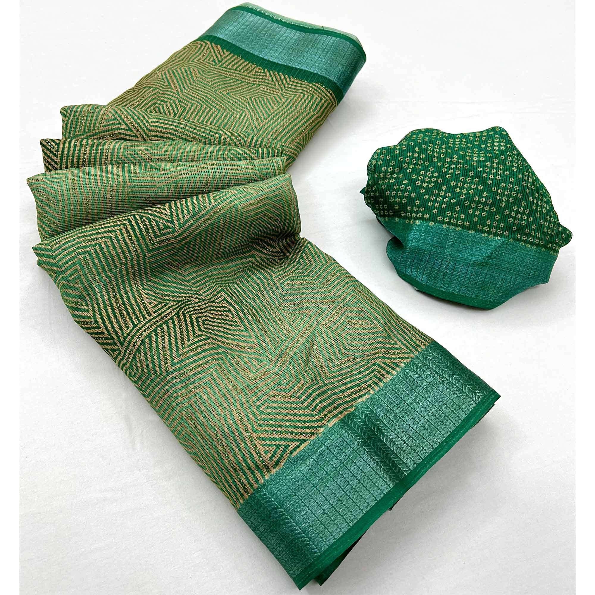 Green Foil Printed Kota Doria Saree