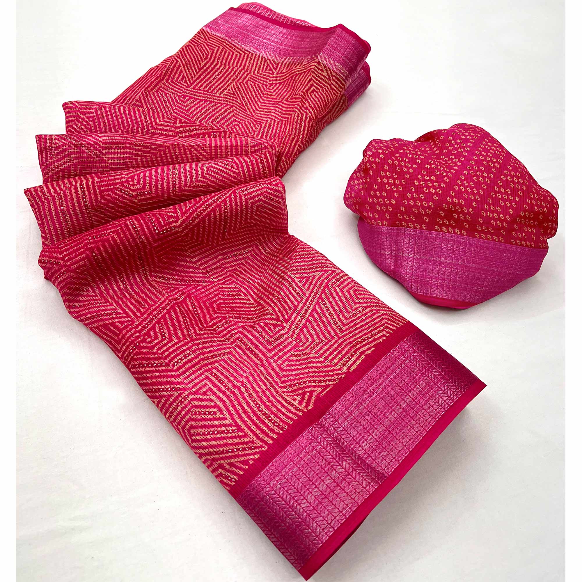 Rani Pink Foil Printed Kota Doria Saree