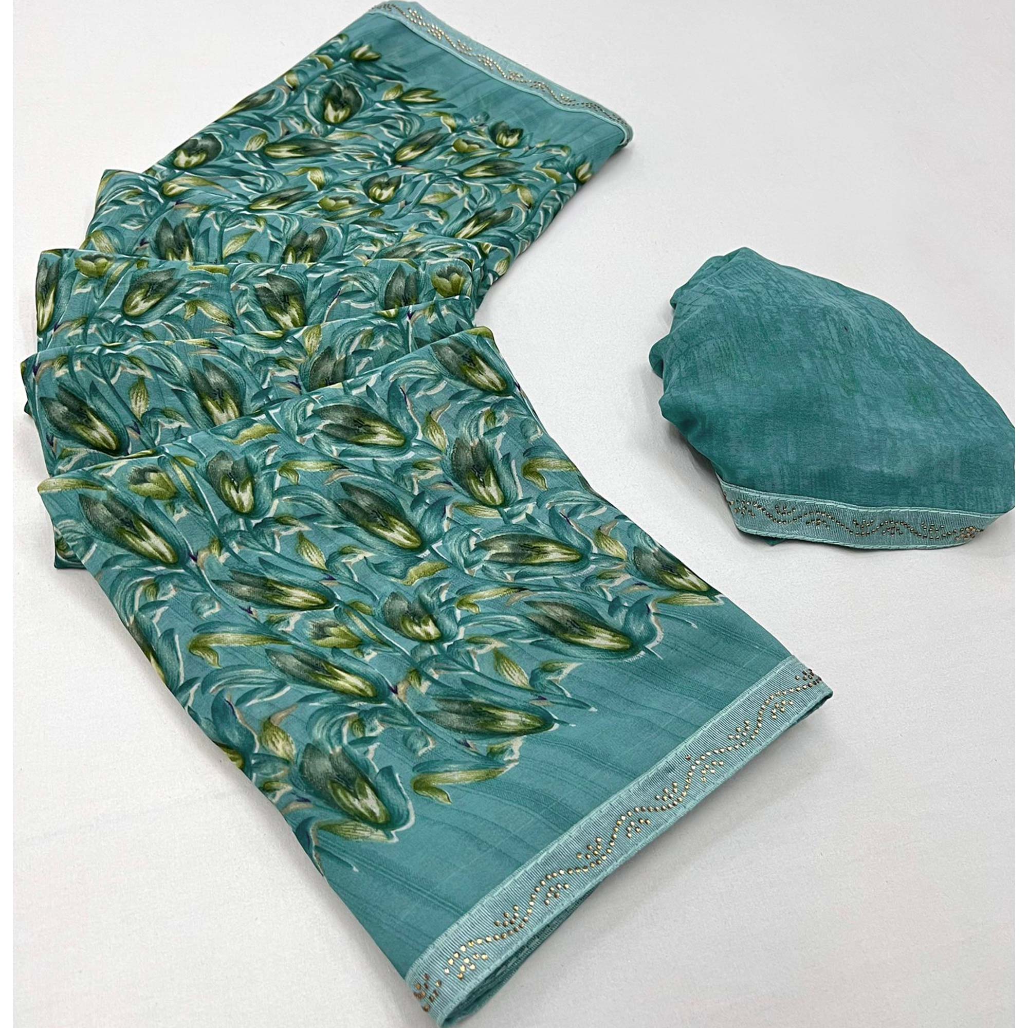 Teal Floral Printed Georgette Saree