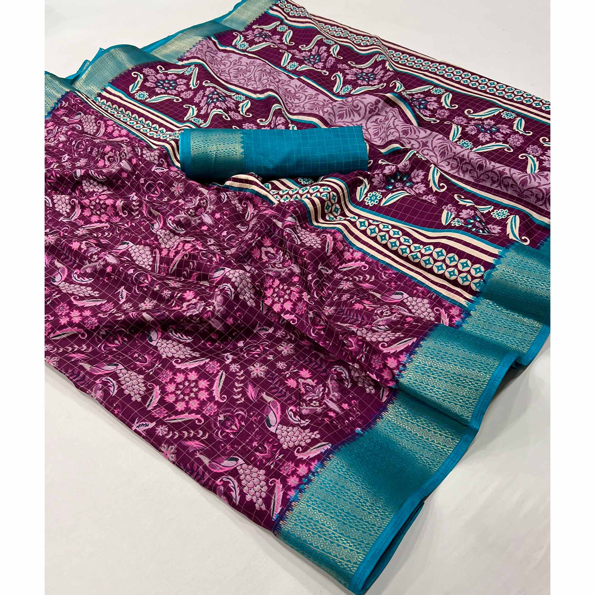 Wine Floral Printed Dola Silk Saree With Woven Border