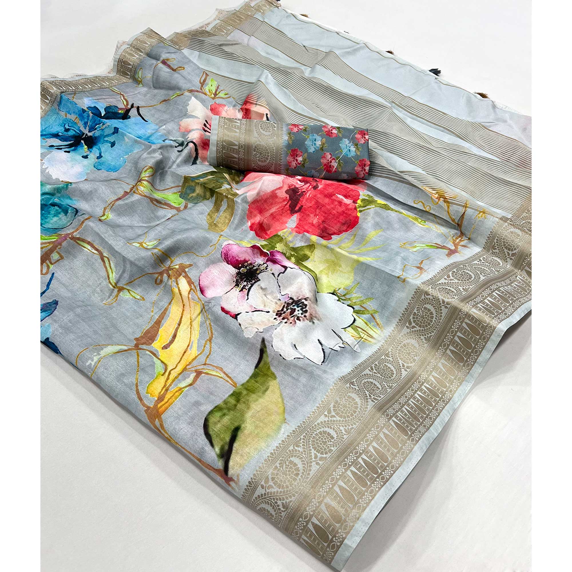 Grey Digital Printed Dola Silk Saree With Woven Border