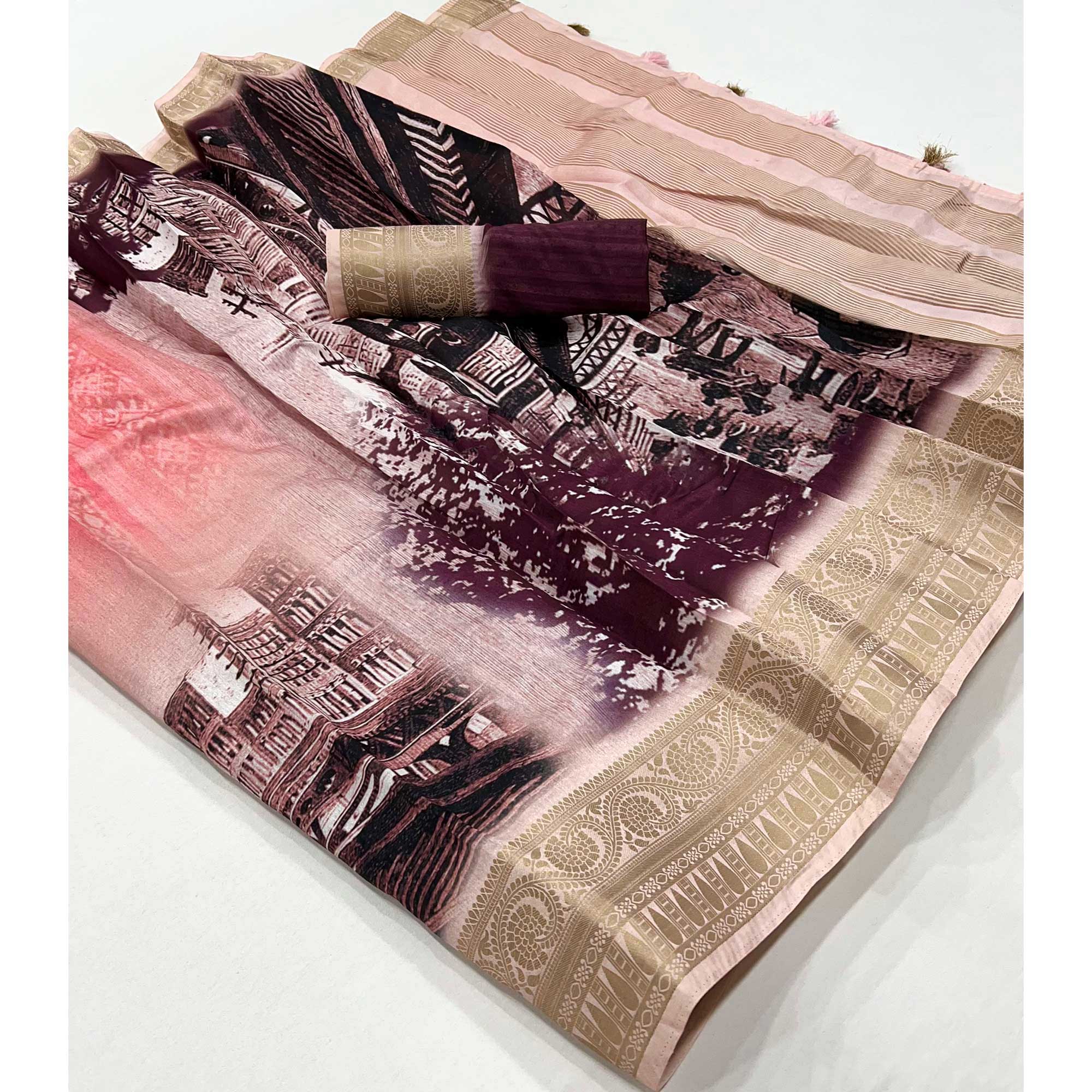 Pink & Wine Digital Printed Dola Silk Saree With Woven Border
