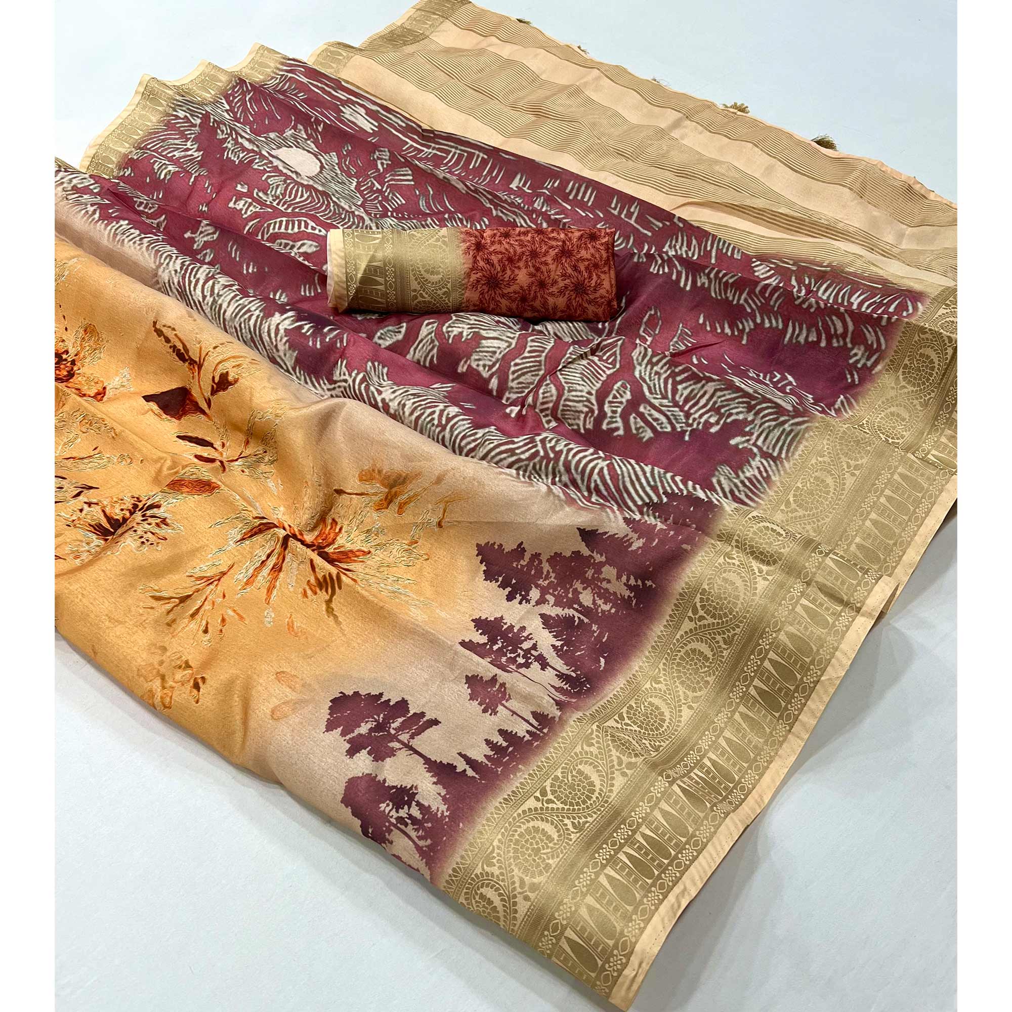 Cream Digital Printed Dola Silk Saree With Woven Border