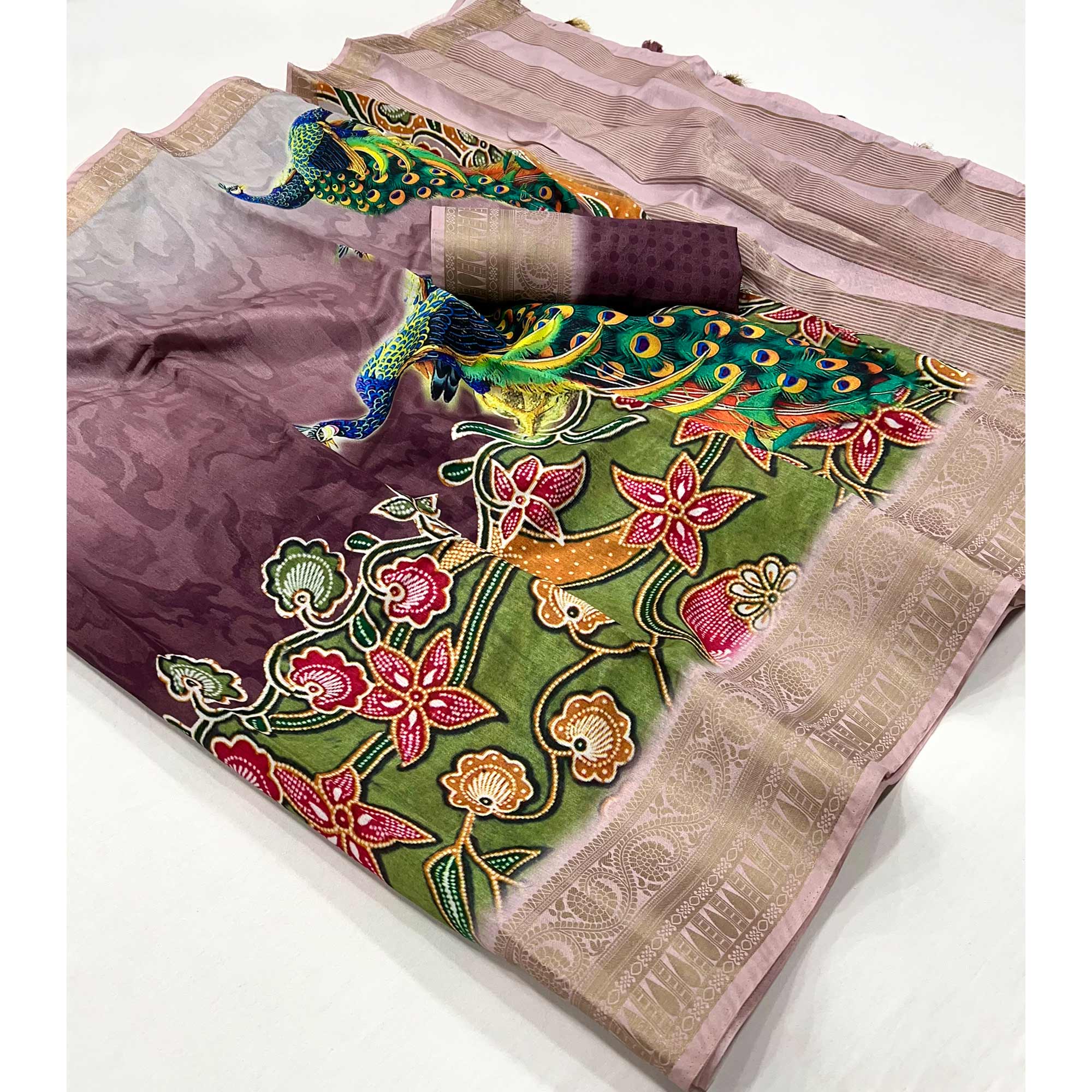 Purple & Green Digital Printed Dola Silk Saree With Woven Border