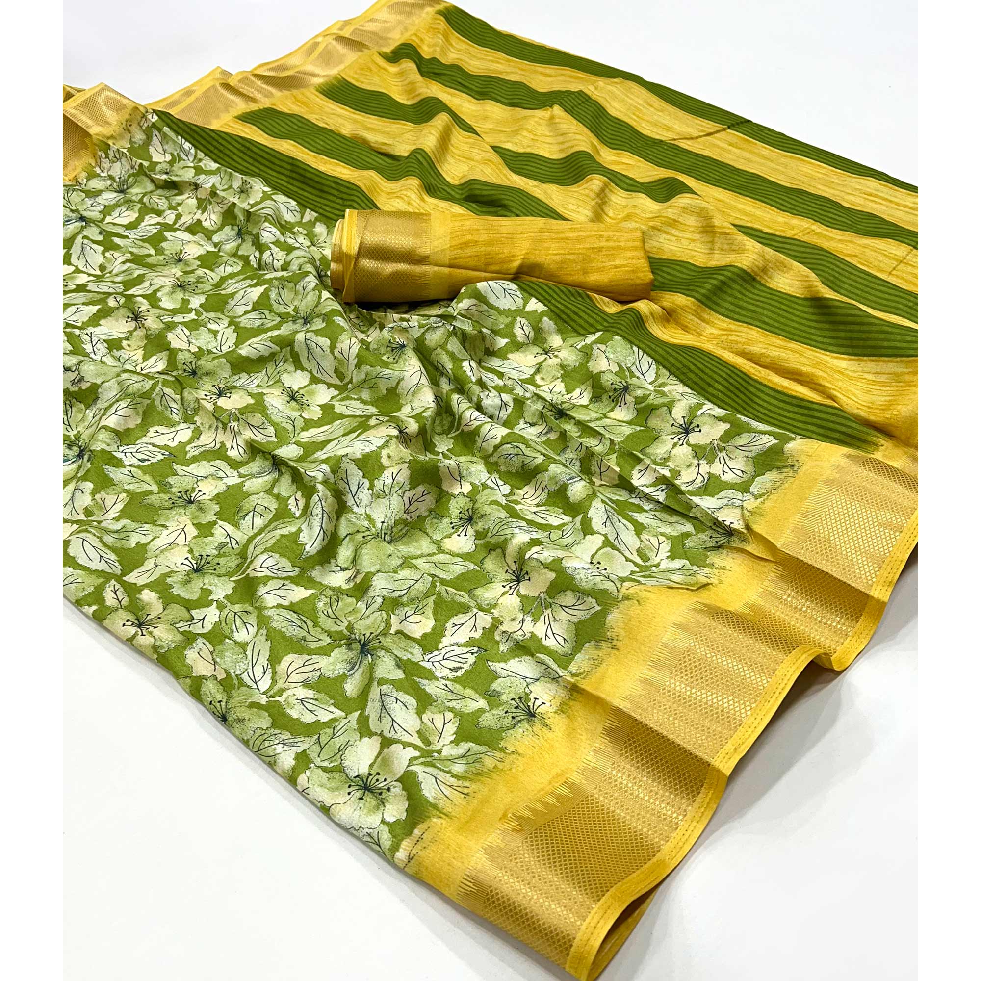 Green Floral Printed Dola Silk Saree With Woven Border