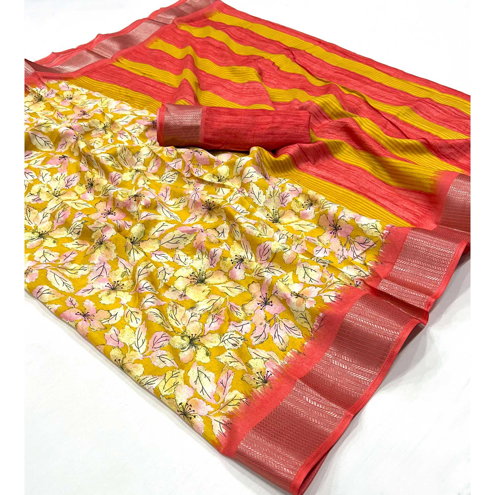 1Yellow Floral Printed Dola Silk Saree With Woven Border