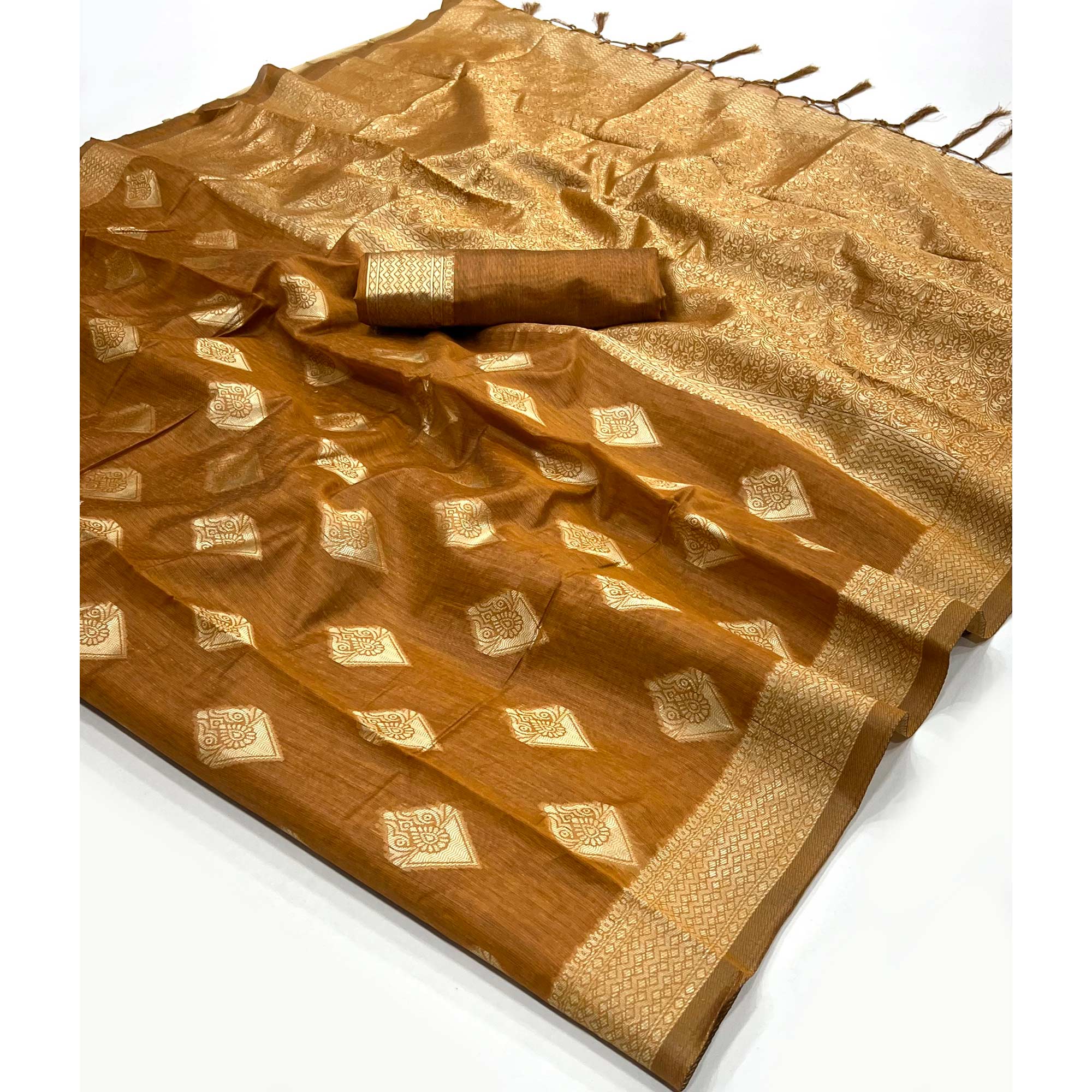 Mustard Woven Cotton Blend Saree With Tassels