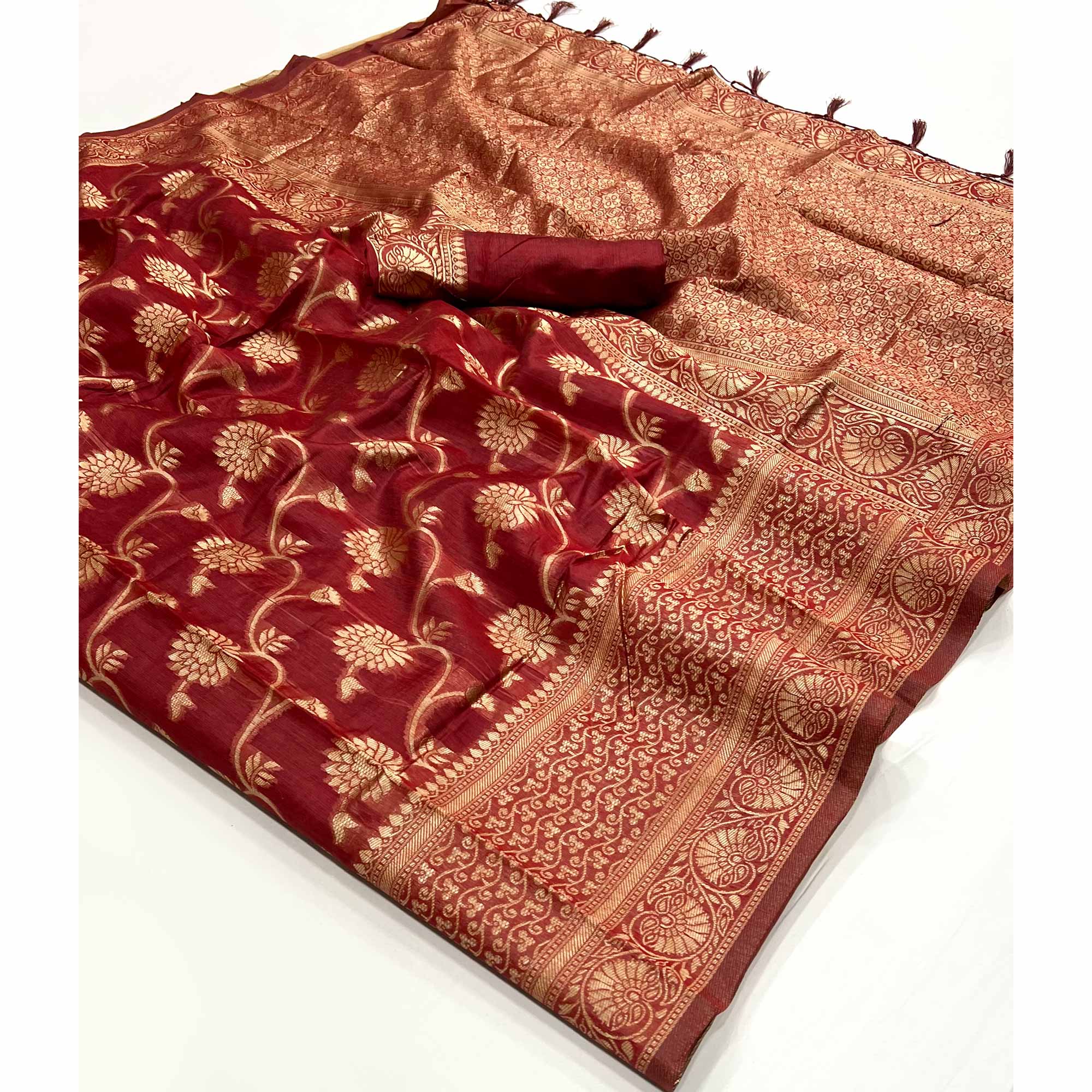 Red Floral Woven Cotton Blend Saree With Tassels