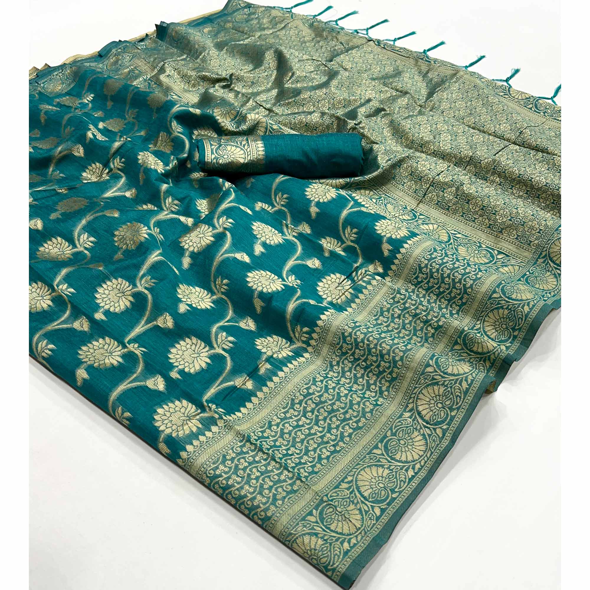 Teal Floral Woven Cotton Blend Saree With Tassels