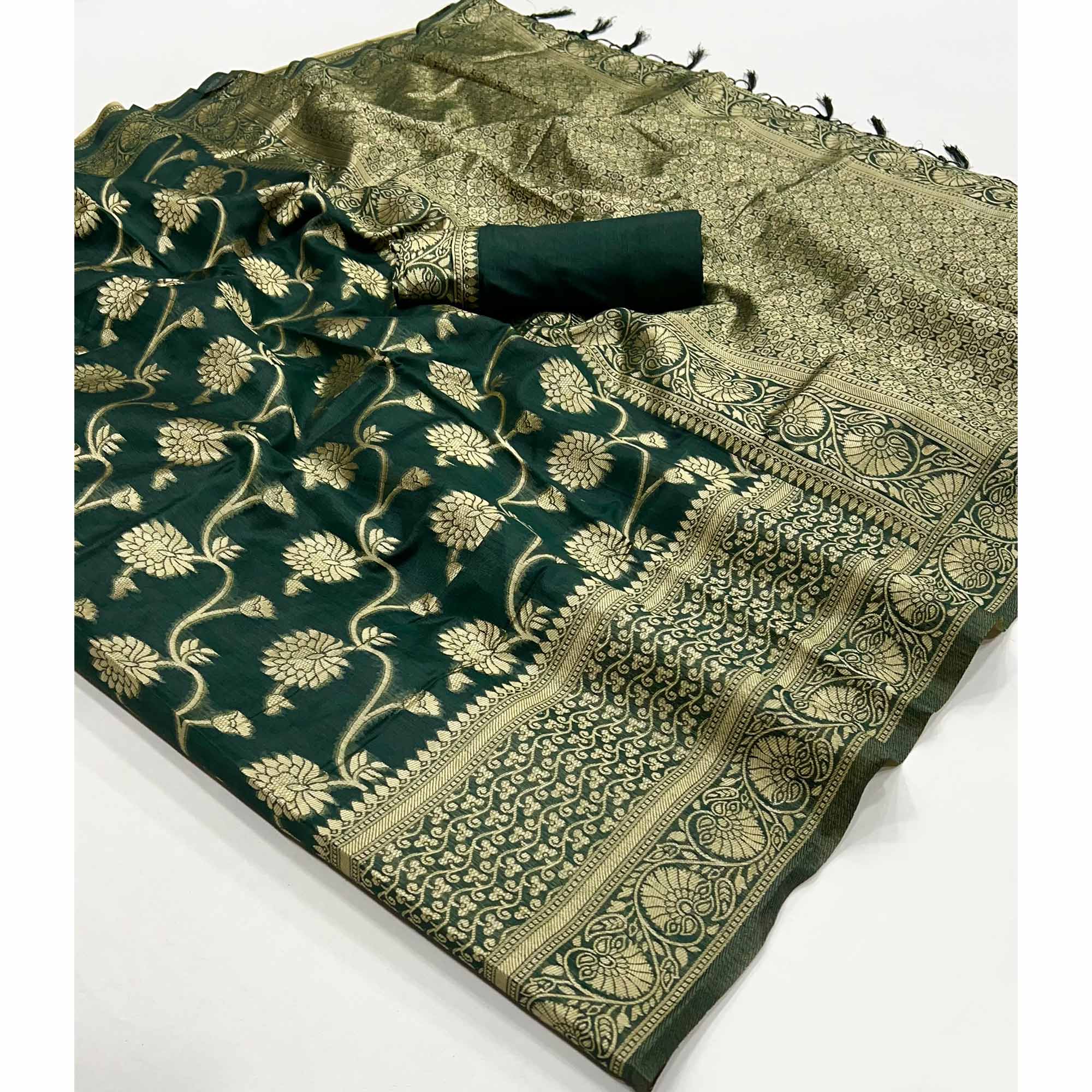 Green Floral Woven Cotton Blend Saree With Tassels