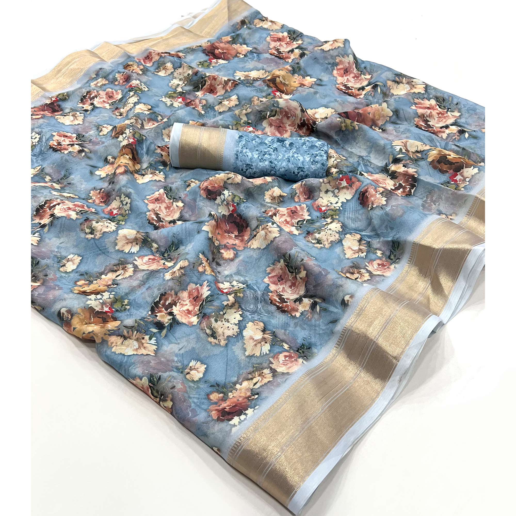 Sky Blue Floral Digital Printed Georgette Saree With Zari Border