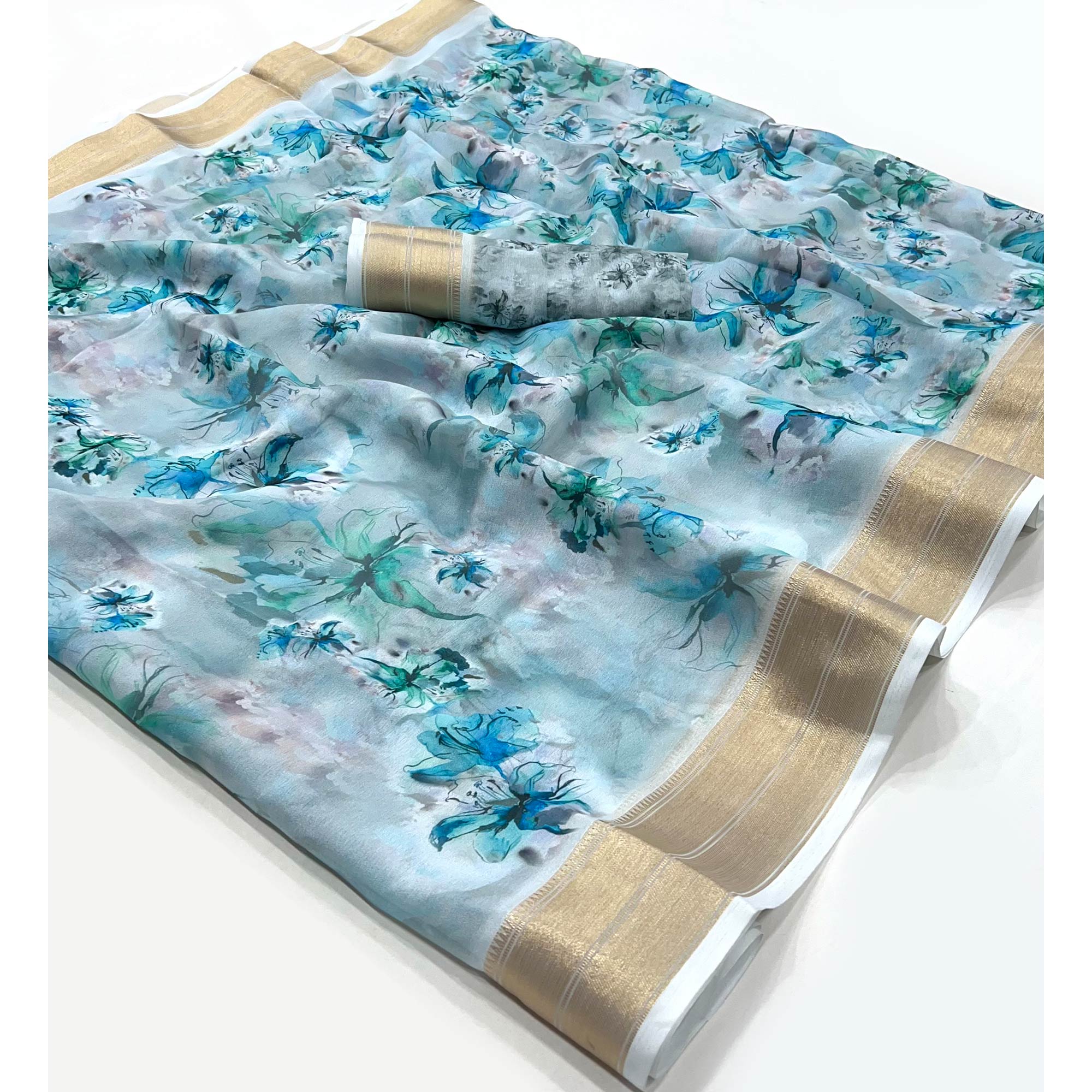 Blue Floral Digital Printed Georgette Saree With Zari Border