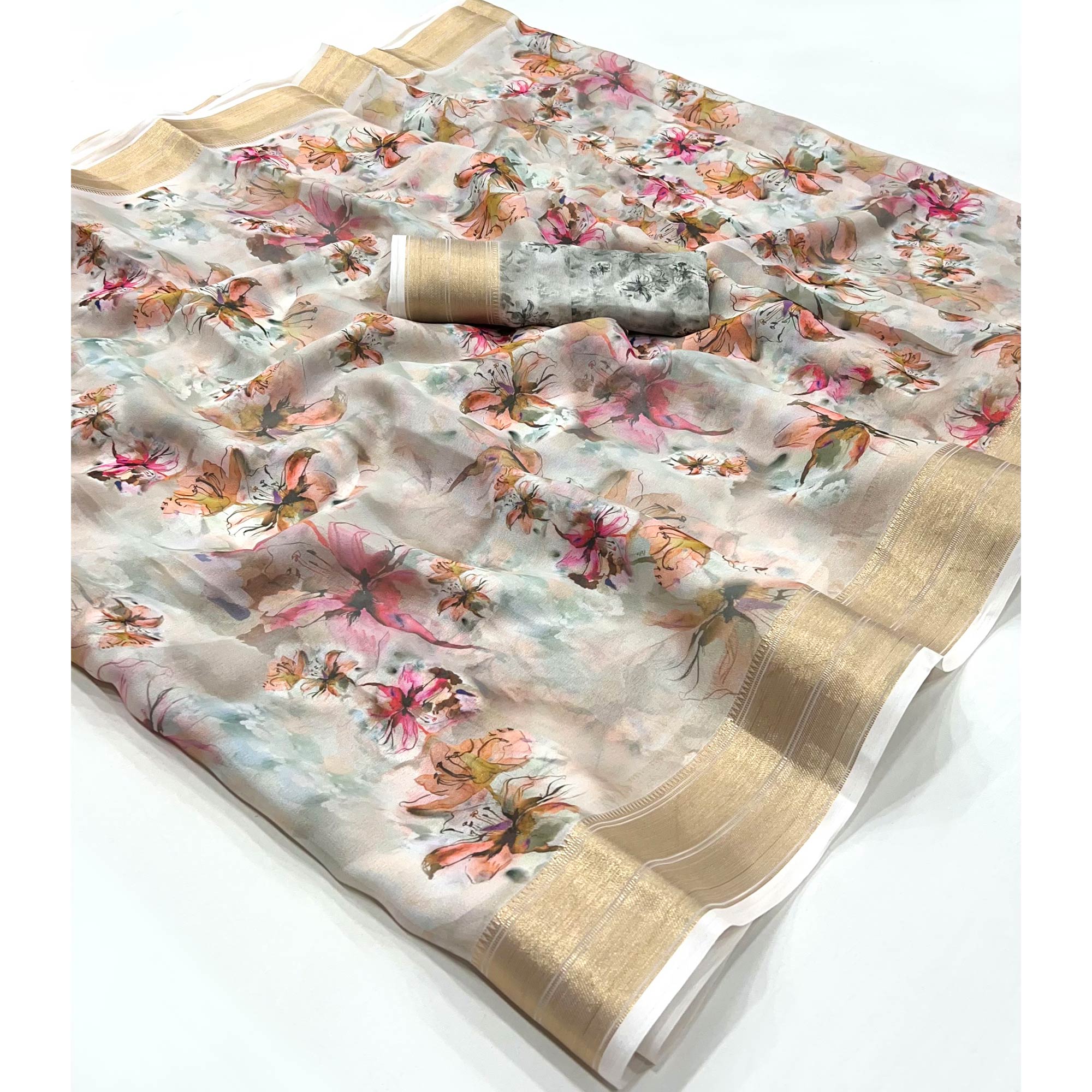 Grey Floral Digital Printed Georgette Saree With Zari Border